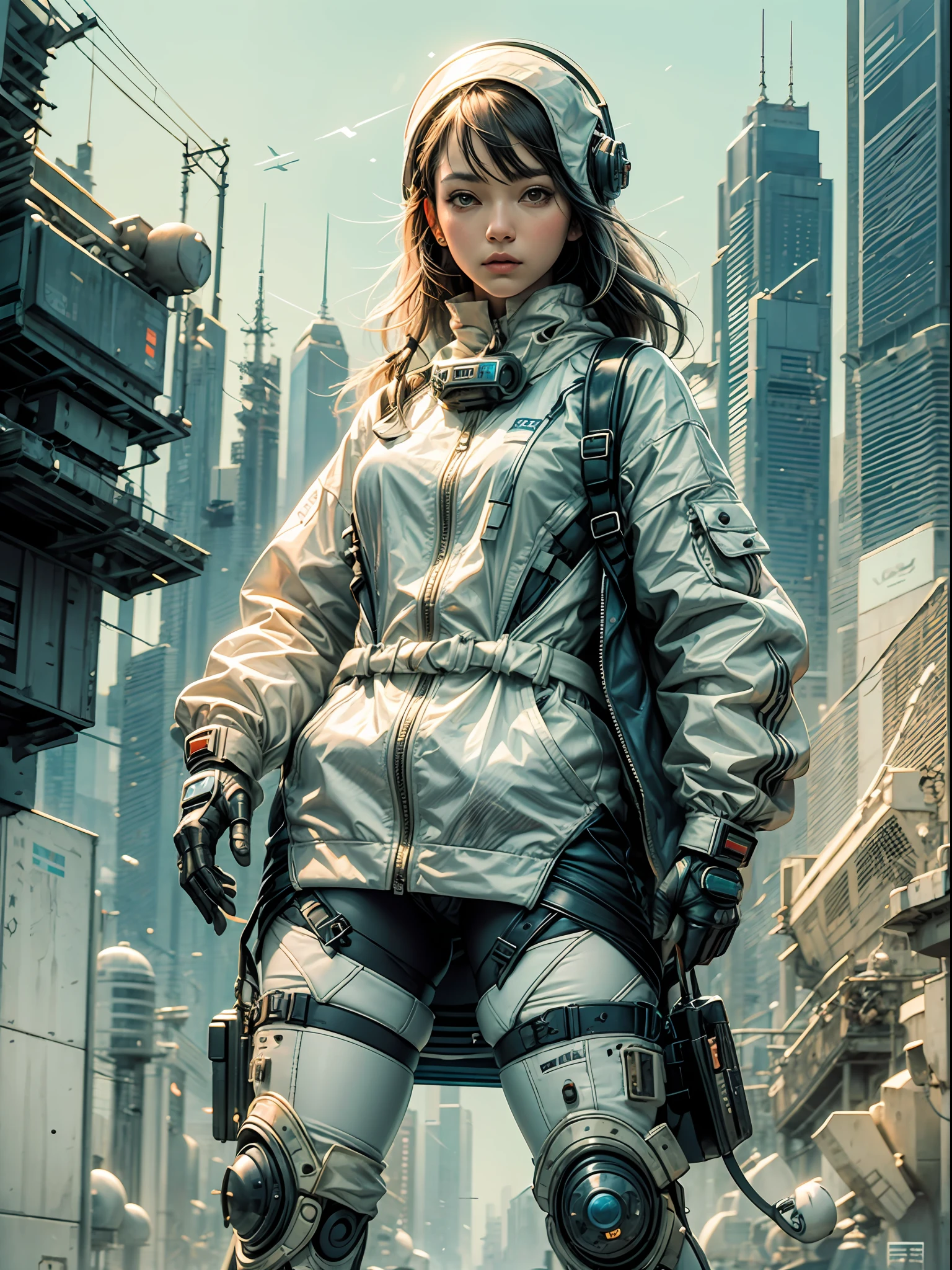 1monk warrior girl with white techwear clothes, white long hair, laces, abstract vintage scifi background, art by Moebius, art by Ashley Wood