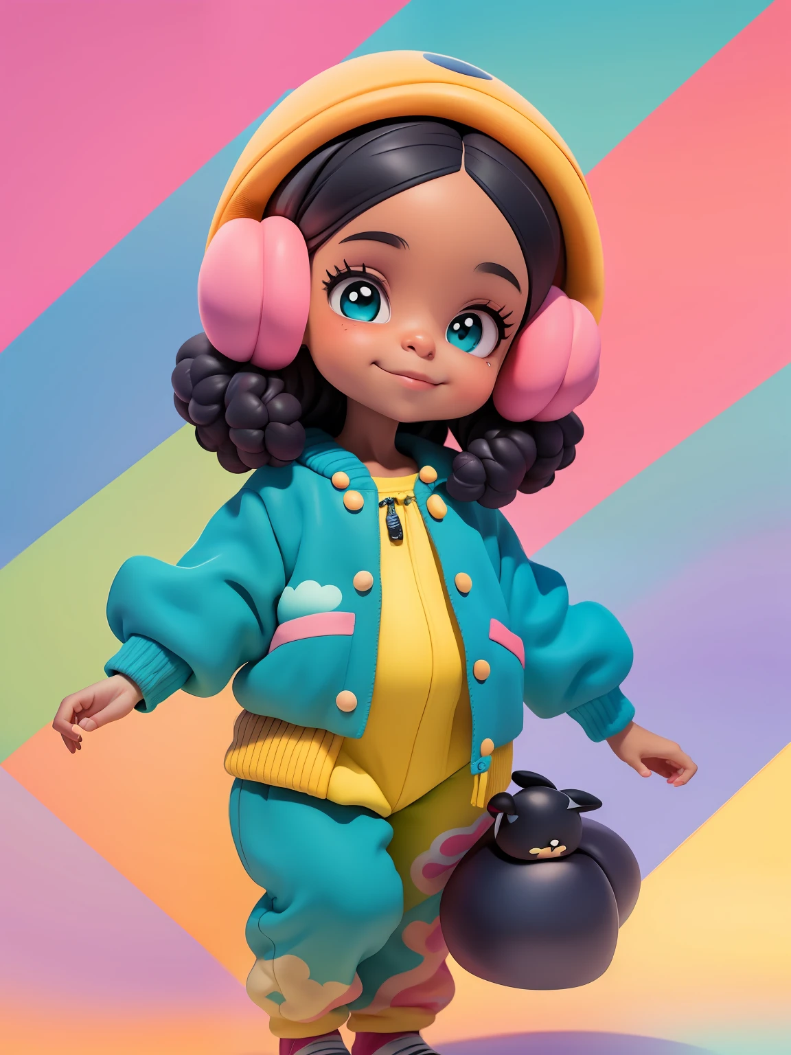 (obra-prima), (melhor qualidade), (ultra-detalhado), (corpo inteiro: 1.2) baby menina negra bonita e fofa, tema frutas, capuz, moletom colorido, Knitted jumpsuits, Pants, jaqueta, blusa, sorriso claro, corpo inteiro, :3, fundo tom pastel , colorido e simples.