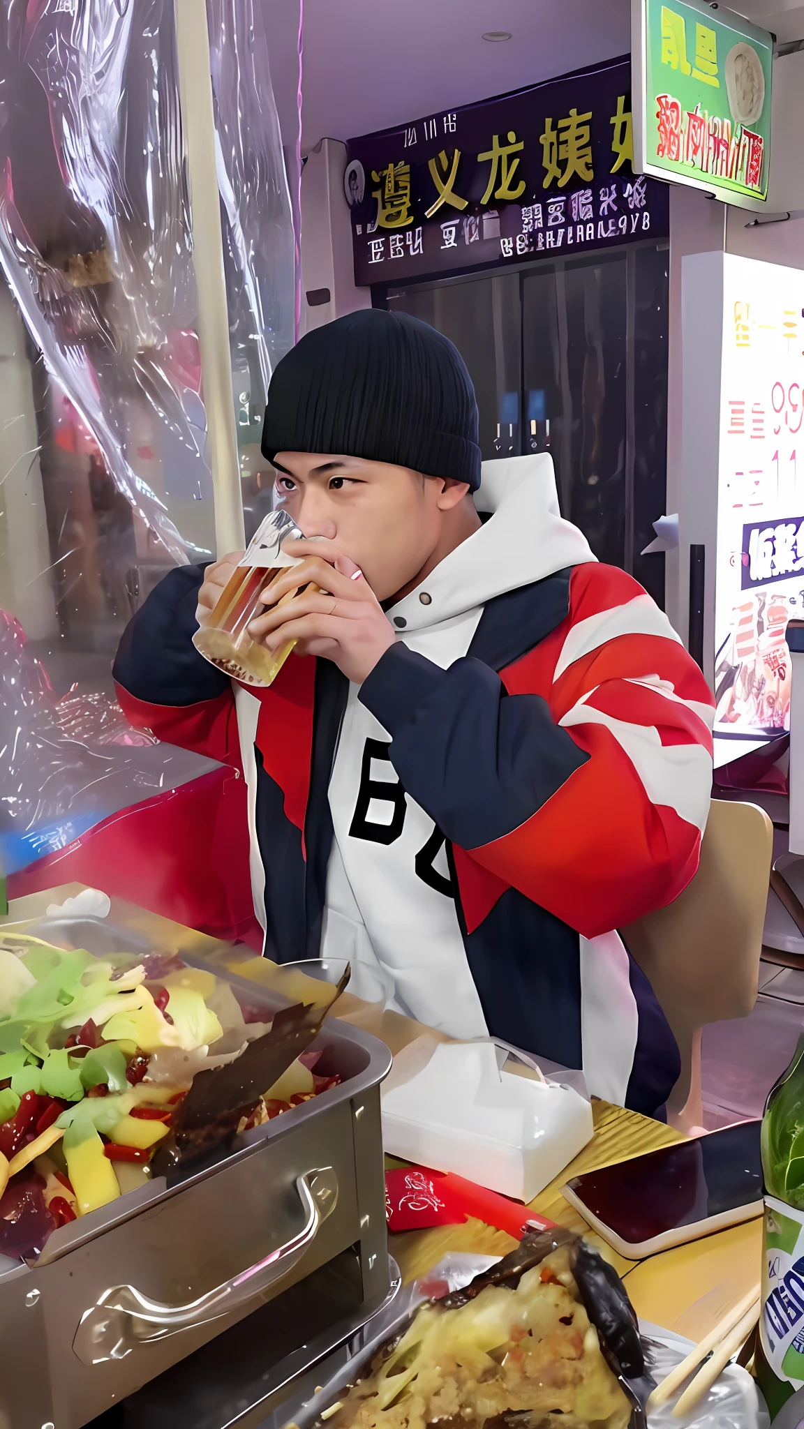 There was a man eating a sandwich in a restaurant, taehyung eating gucci fries, mukbang, getting his tacos and drink), Eating, eating ramen noodles, [ Realistic photo ]!!, closeup at the food, jossi of blackpink, drinking beer, candid shot, Shot on Canon EOS R 6, korean muscle boy 2 1 years old, hong june hyung, Drinking
