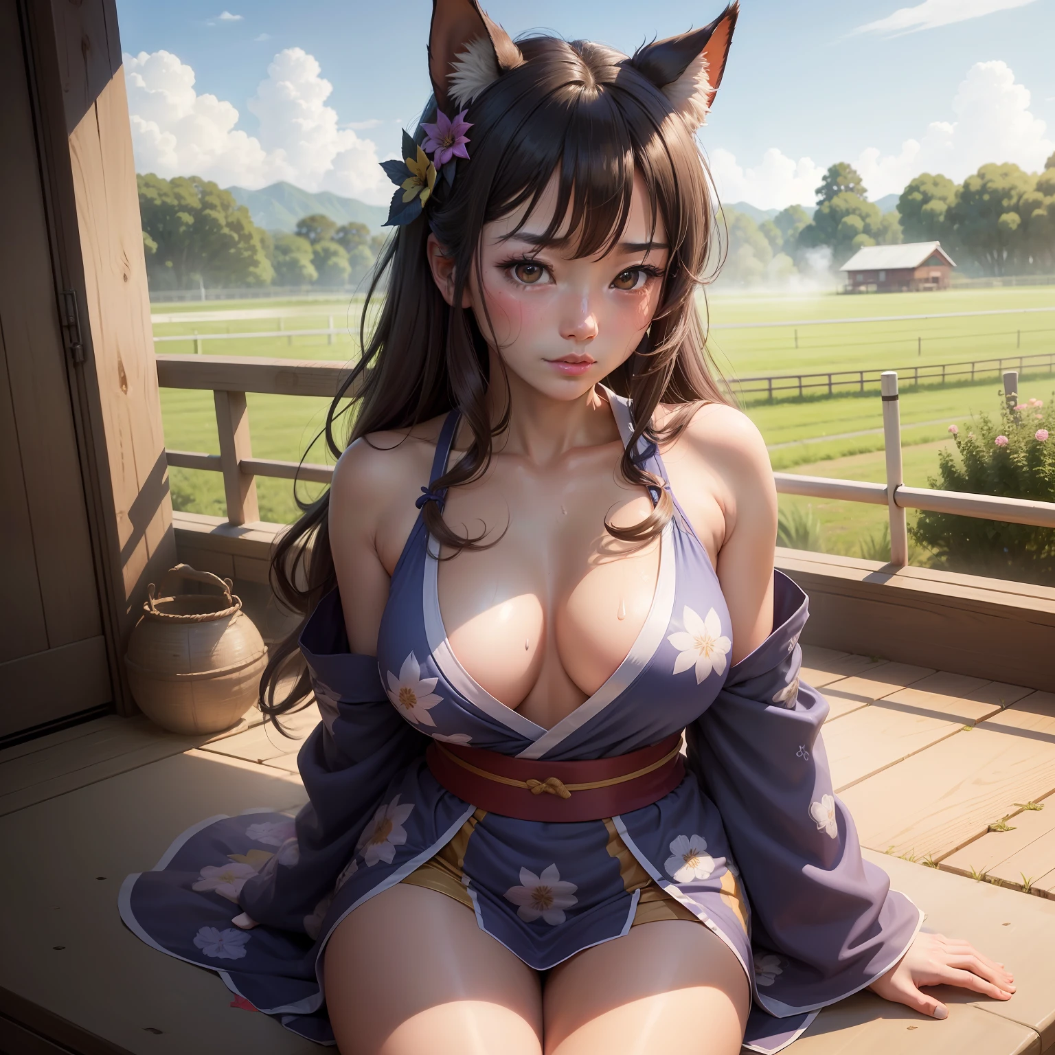 high-level image quality、​masterpiece、8K、1womanl、30-years old、Uma Musume、Full body like、Lots of guests、Bewitching beauty、poisonous mist、Wearing yukata、A MILF、Spiky horse ears、Ripe body、Tanned dark skin、racecourse、Off-site ticket office、Lots of guy guests、lovely、Innocent、Paddock in the background、natta、Flushed face、full of sweat、Dripping sweat、sun burn