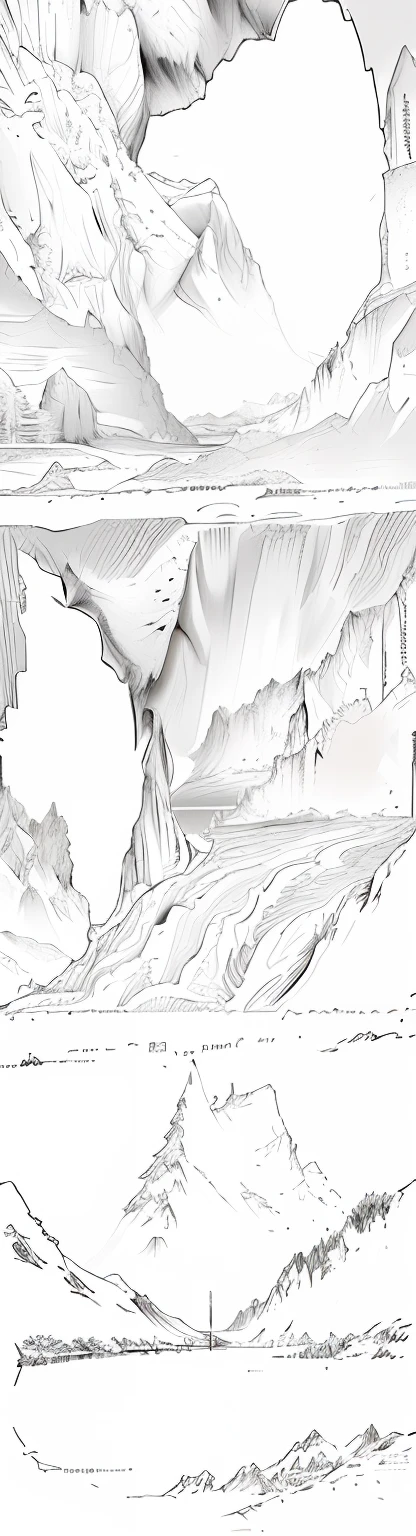 There are scenic sketches of rivers and mountains, loosely cross hatched, screentone shading, crosshatching, Pen and ink work. Sharp focus, intense line art, detailed hatching, cross - hatching, pen - and - ink illustration, pen and ink illustration, detailed but rough, drawn in microsoft paint, accurately drawn details