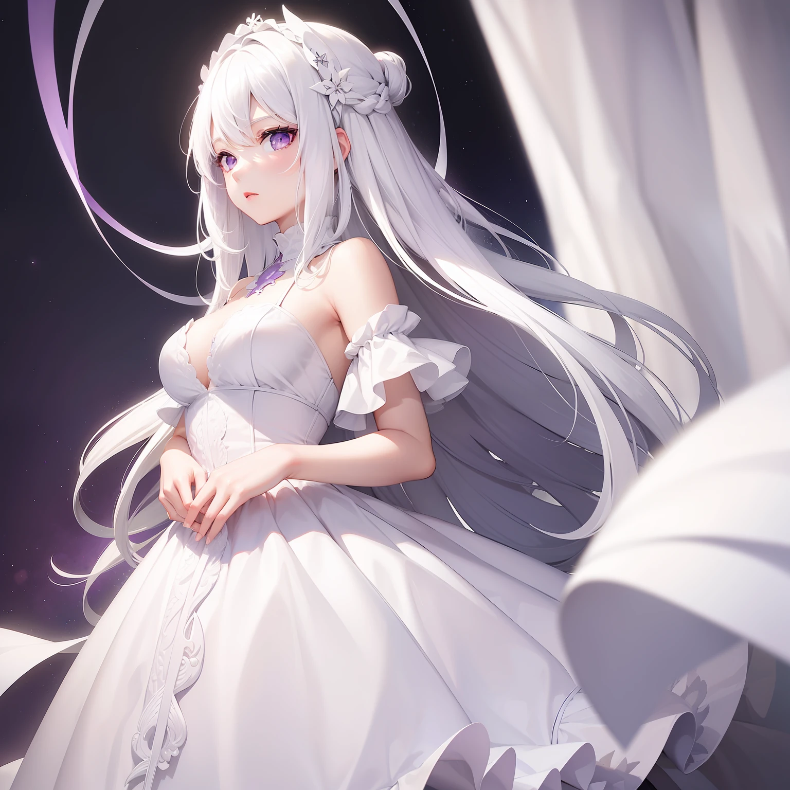 a women, white hair, purple eyes, white dress