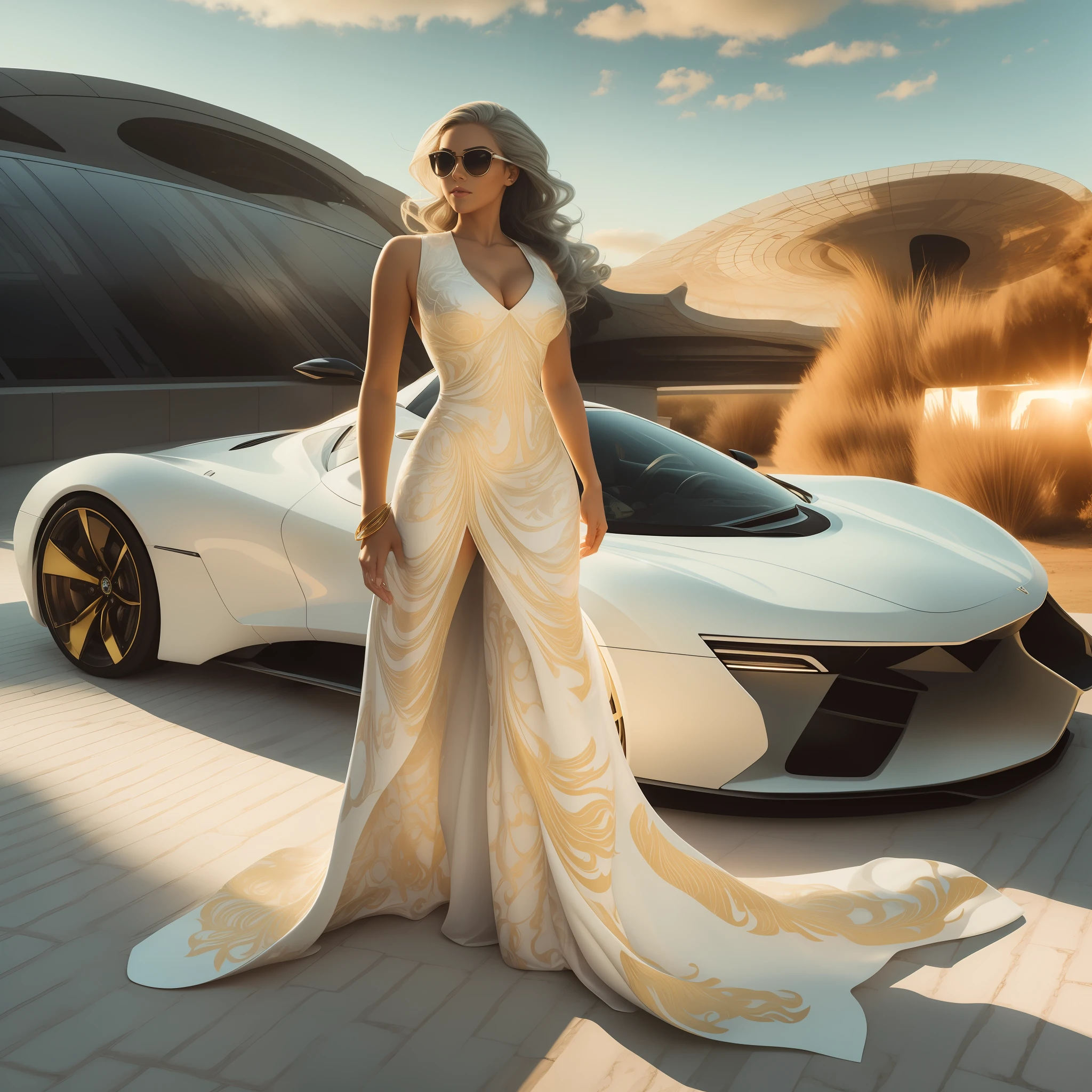 A captivating image of a stylish white catwoman dressed in a flowing, flowing gown and carrying a sleek, futuristic white sports car. The car's windows are adorned with intricate patterns, and the catwoman's flowing, metallic hair forms a striking, futuristic pattern. The sun casts a warm, golden light over the scene, creating a magical atmosphere. wide aperture, golden hour, f/8 aperture