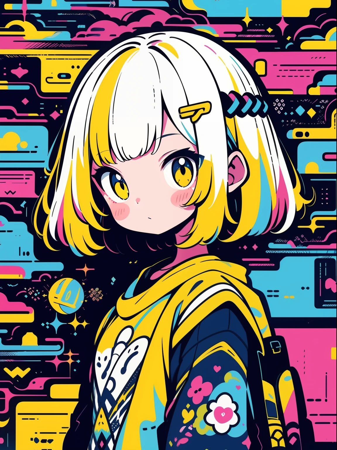 hightquality、Colorful color palette、high-level image quality、Kawaii Girl、Unprecedented amount of drawing、anime styled、Geometric pattern background、front facing、sticker style、short hair、yellow hair、brown eyes