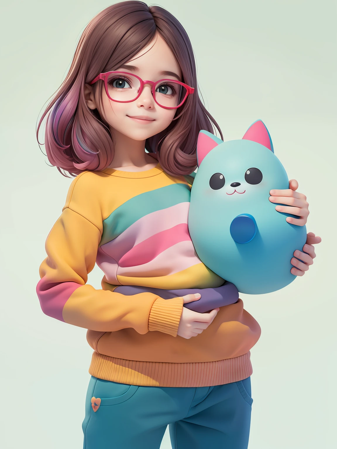 (obra-prima), (melhor qualidade), (ultra-detalhado), (corpo inteiro: 1.2) baby menina bonita e fofa, Eyeglasses, tema frutas, capuz, moletom colorido, Knitted jumpsuits, Pants, jaqueta, blusa, sorriso claro, corpo inteiro, :3, fundo tom pastel , colorido e simples.
