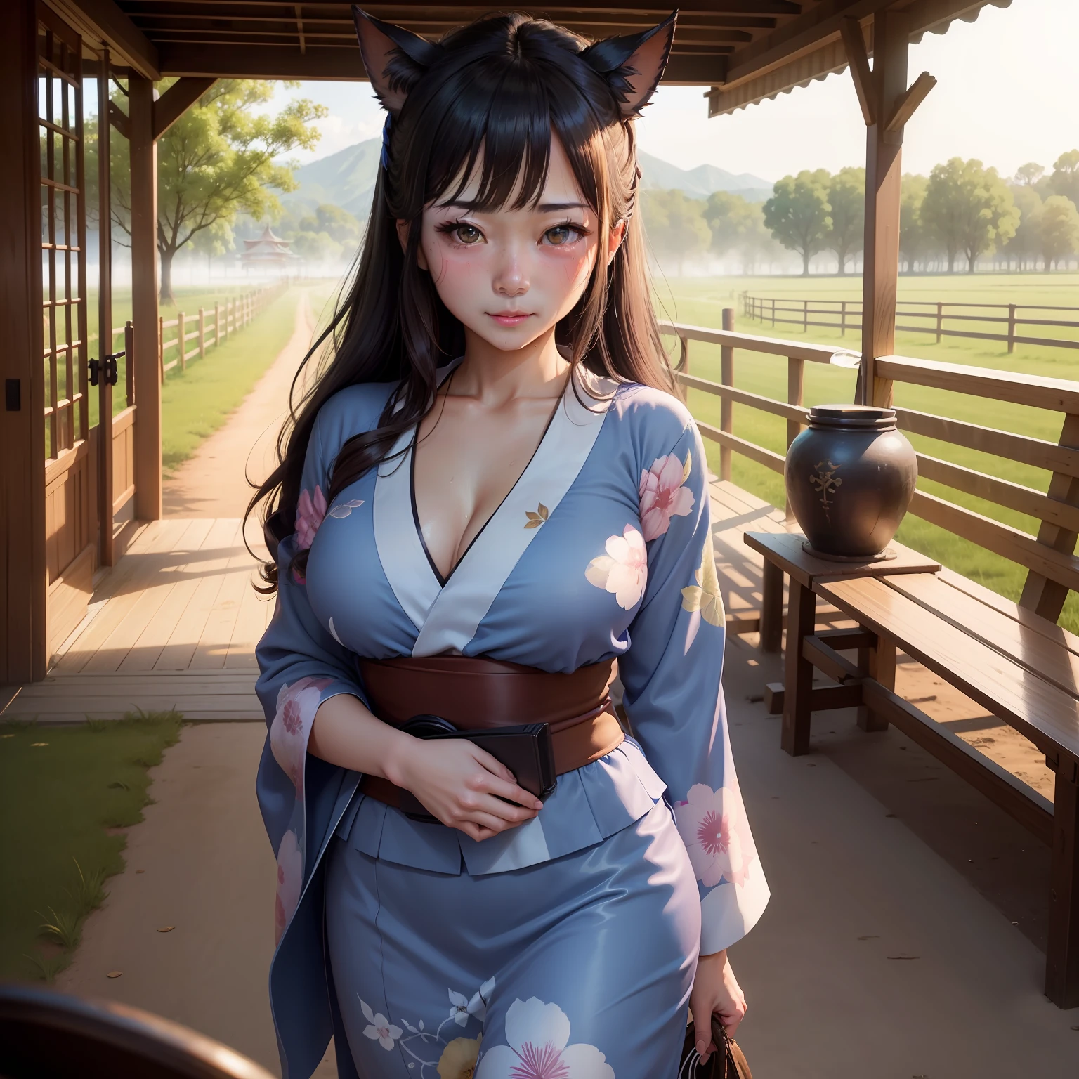 high-level image quality、masterpiece、8K、1womanl、30-years old、Uma Musume、Full body like、Lots of guests、Bewitching beauty、poisonous mist、Wearing yukata、A MILF、Spiky horse ears、Ripe body、Tanned dark skin、racecourse、Off-site ticket office、Lots of guy guests、lovely、Innocent、Paddock in the background、natta、Flushed face、full of sweat、Dripping sweat、sun burn