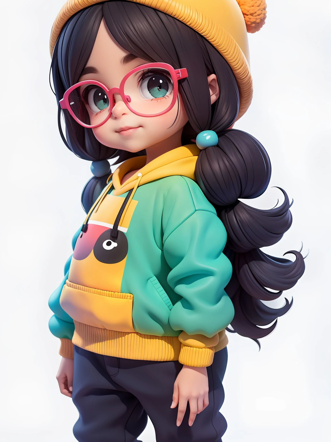 (obra-prima), (melhor qualidade), (ultra-detalhado), (corpo inteiro: 1.2)  menina negra bonita e fofa, Eyeglasses, tema frutas, capuz, moletom colorido, Knitted jumpsuits, Pants, jaqueta, blusa, sorriso claro, corpo inteiro, :3, fundo tom pastel , colorido e simples.