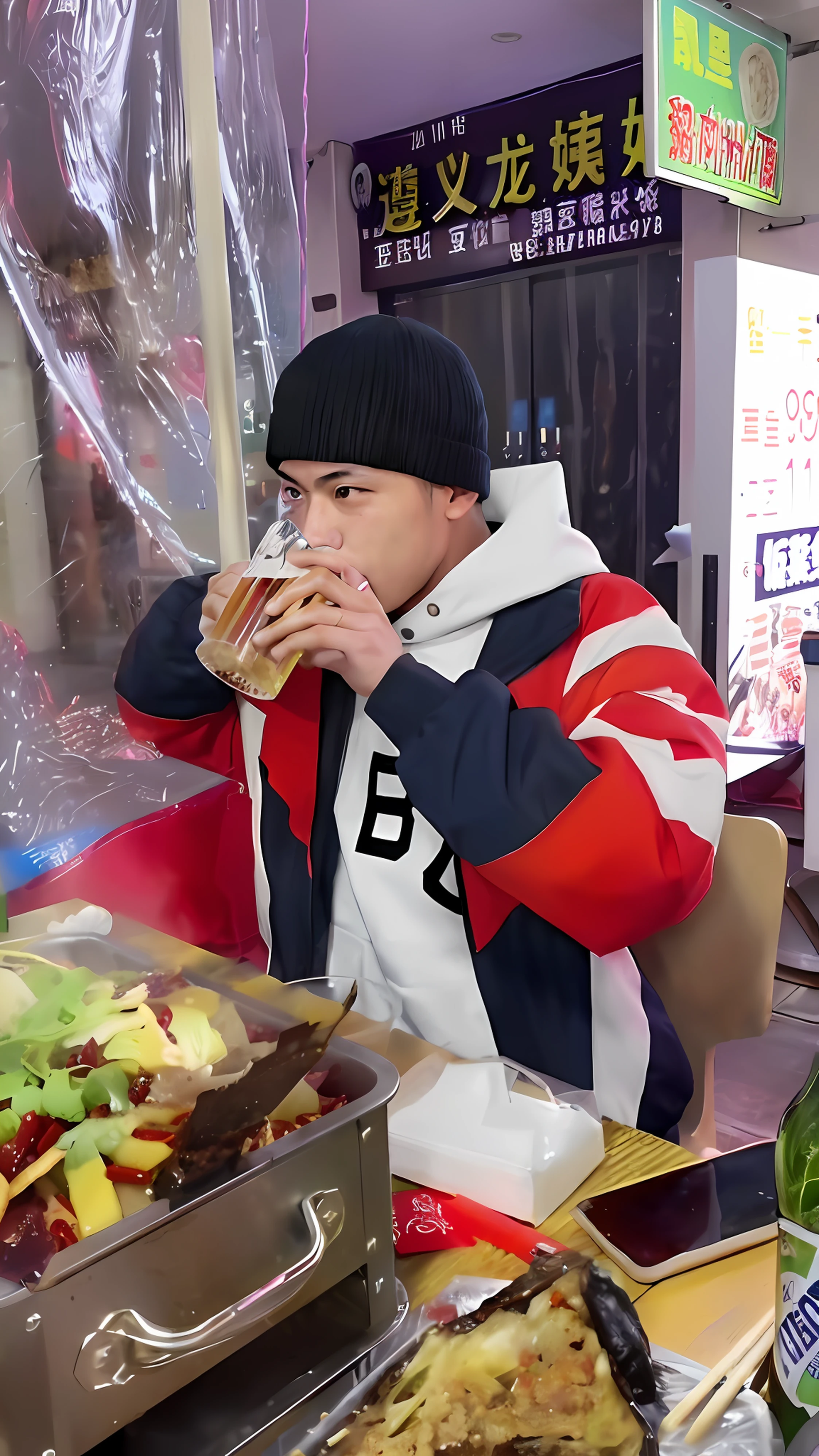 There was a man eating a sandwich in a restaurant, taehyung eating gucci fries, mukbang, getting his tacos and drink), Eating, eating ramen noodles, [ Realistic photo ]!!, closeup at the food, jossi of blackpink, drinking beer, candid shot, Shot on Canon EOS R 6, korean muscle boy 2 1 years old, hong june hyung, Drinking