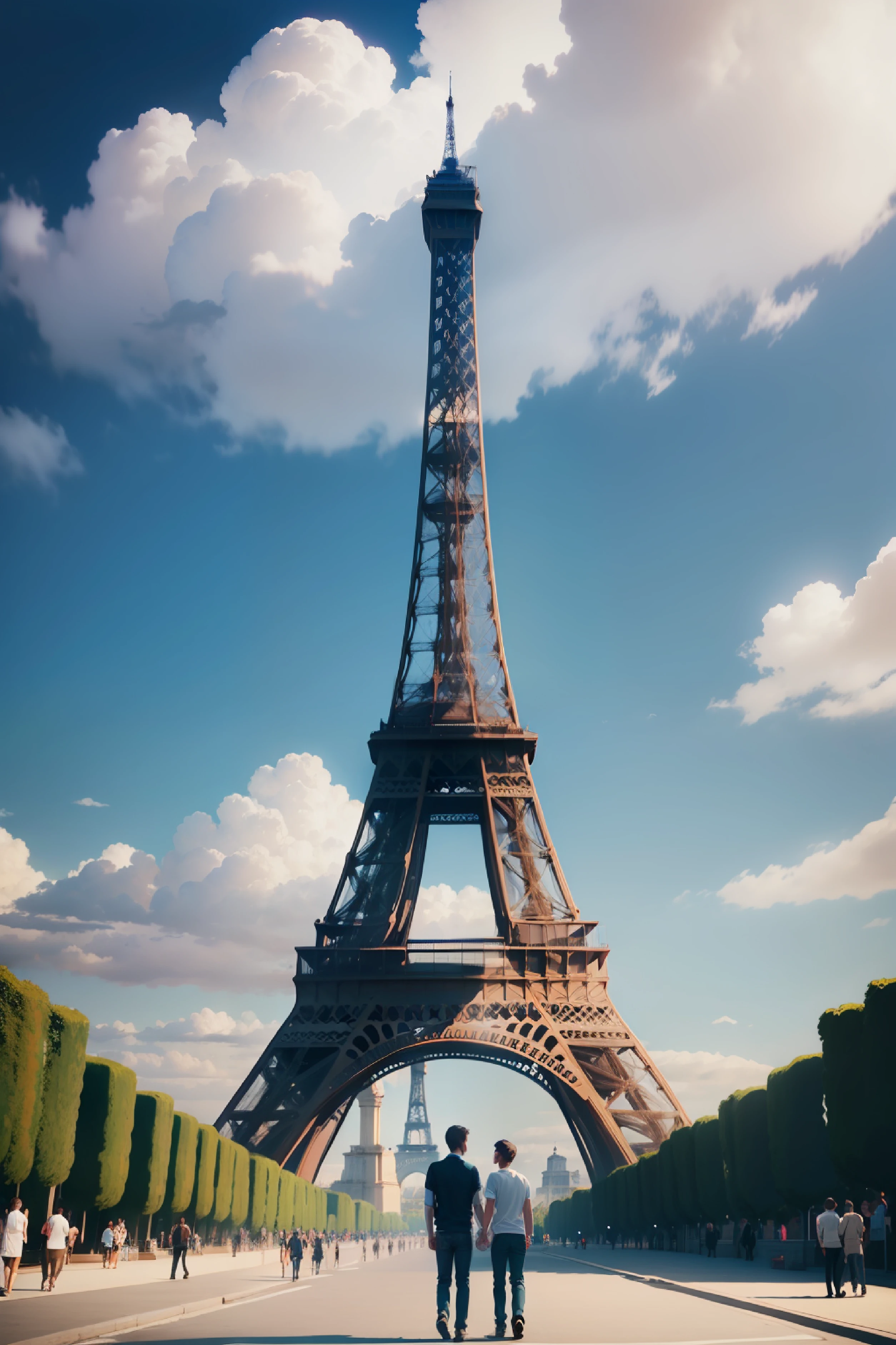 Eiffel Tower, France，Two boy，One of them is stronger，with blue sky and white clouds，short detailed hair, male people, Hand in hand，hyper HD，Beautiful love