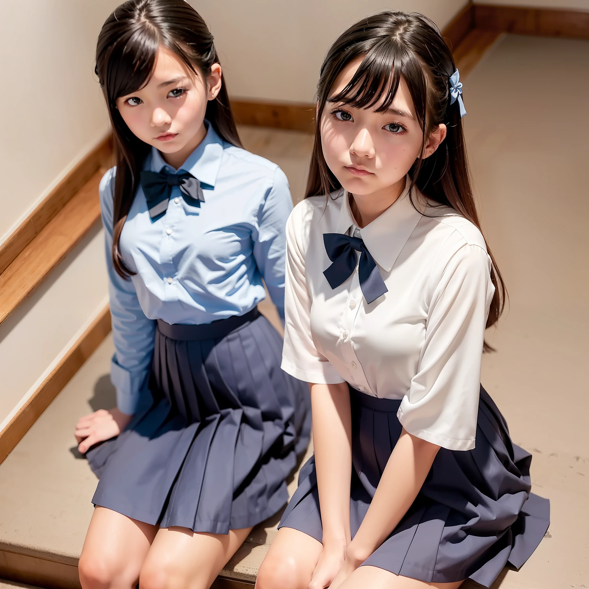 (in 8K、Raw photography、top-quality、​masterpiece:1.2)、ultra-detailliert、Live-action girls、blurry backround、Girl sitting on the upper step of the stairs and looking at the camera on the lower step with a smile、Realistic Japan schoolgirl wearing realistic Japan schoolgirl uniform、Beautiful black hair、Wearing a white blouse、Wear a blue bow tie around your neck、Wearing a short pleated skirt of a realistic Japan high school girl uniform with sky blue check on light gray、Raw foto、Real teenage girl face and human skin in delicate details、Angle from below looking up at the girl from the bottom of the stairs、