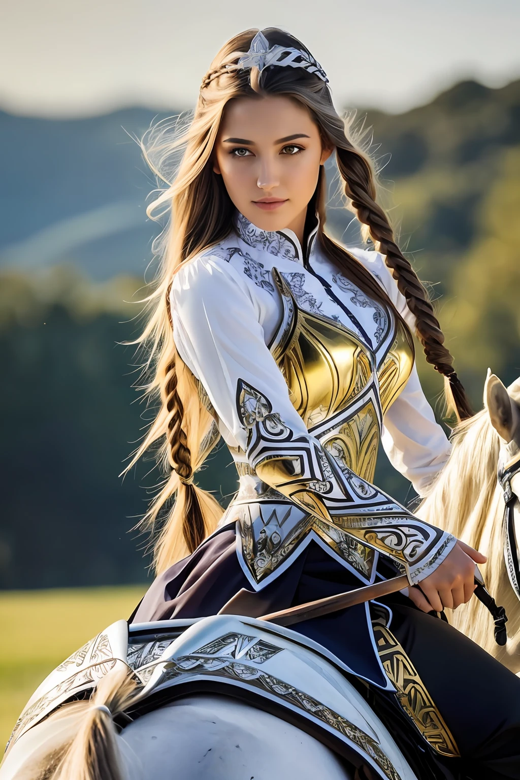 tmasterpiece,best qualtiy,hdr, hyper HD, 8K,Bokeh,Ultra-fine painting,Sharp focus,Physically-based rendering,Extreme detail description,1 female paladin,Raised sexy,ride horse,sabre,Light silver armor,(Richly decorated armor:1.5),(The pattern is delicate and beautiful:1.5),golden hair,Long thick braids,A detailed eye,Straight nose,perfect bodies,
