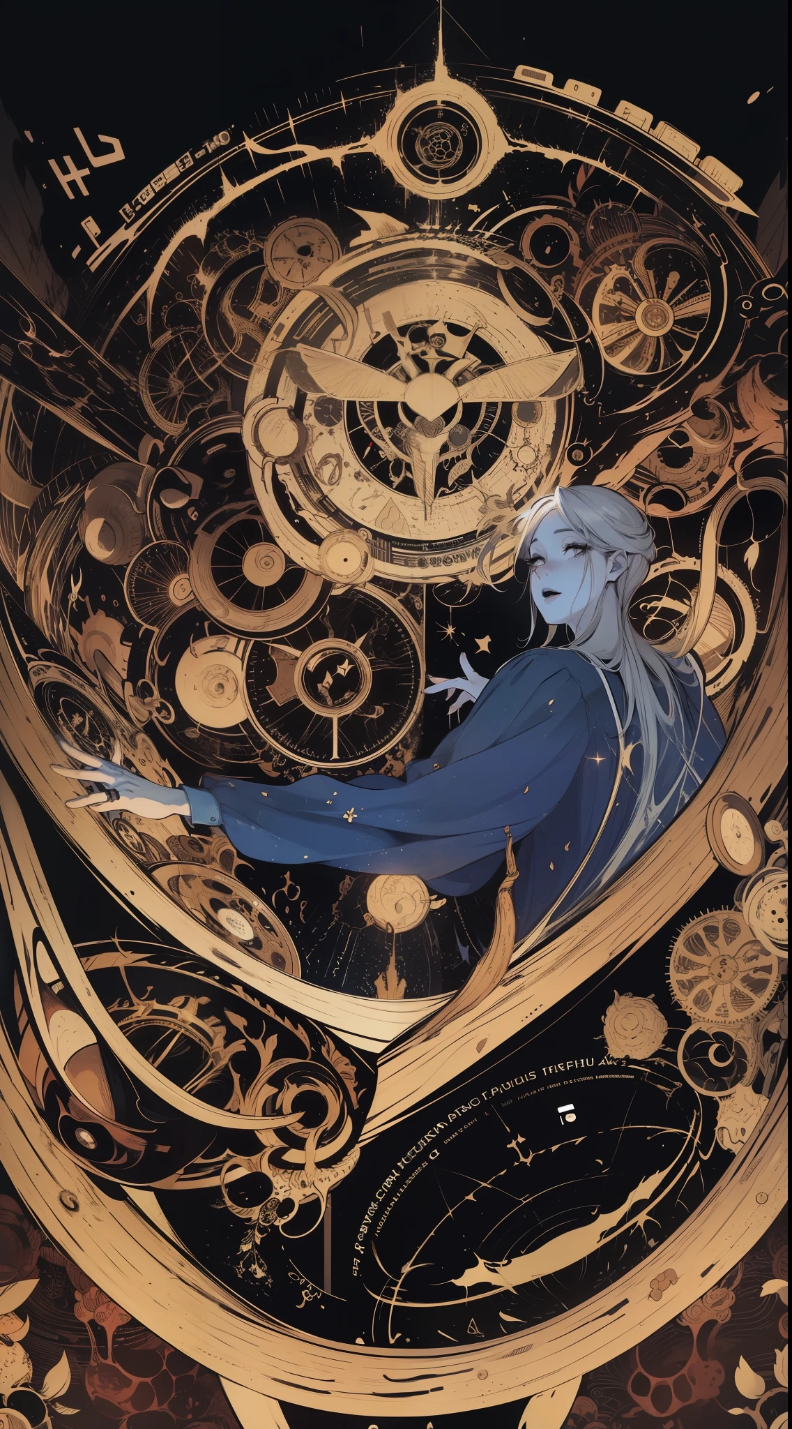 villains that take their pictures with blue lips,(mechanical-face) and (girl-face) polarity,(gears+magic circle+splash oil silhouette+broken face),((masterpiece)),((best quality)), (highly detailed),((Science fiction illustration)), ,extremely intricate,full body shot,short  white hair,portrait,steampunk mechanical, cyborg, intricate machinical body,[(left mechanical-face,expressionless,):(right girl-face,smile):5], in the style of nightmarish illustratios rap aesthetics deathcore, dark gold amine-inspired character designs, made of vines, howard chaykin highly detailed, 8k resolution, volumetric lighting, octane render