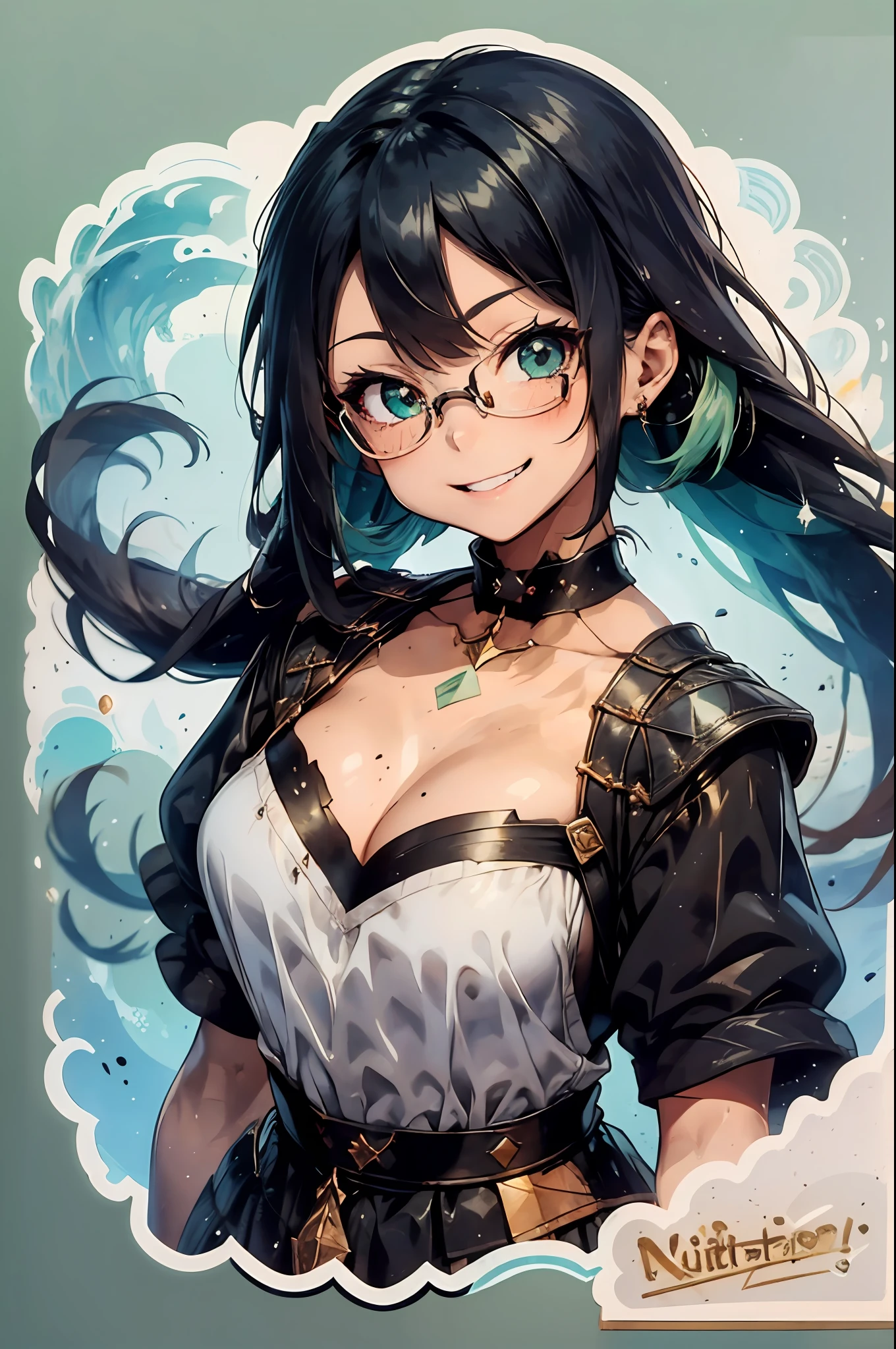 sticker, cute smile, 1girl, detailed face, head only, beautiful face, dark blue long hair, sharp eyes, green eyes, killer stare, deep starring, cute smile, glasses, perfect body, looking to viewer, 8k, UHD, Masterpiece, white background