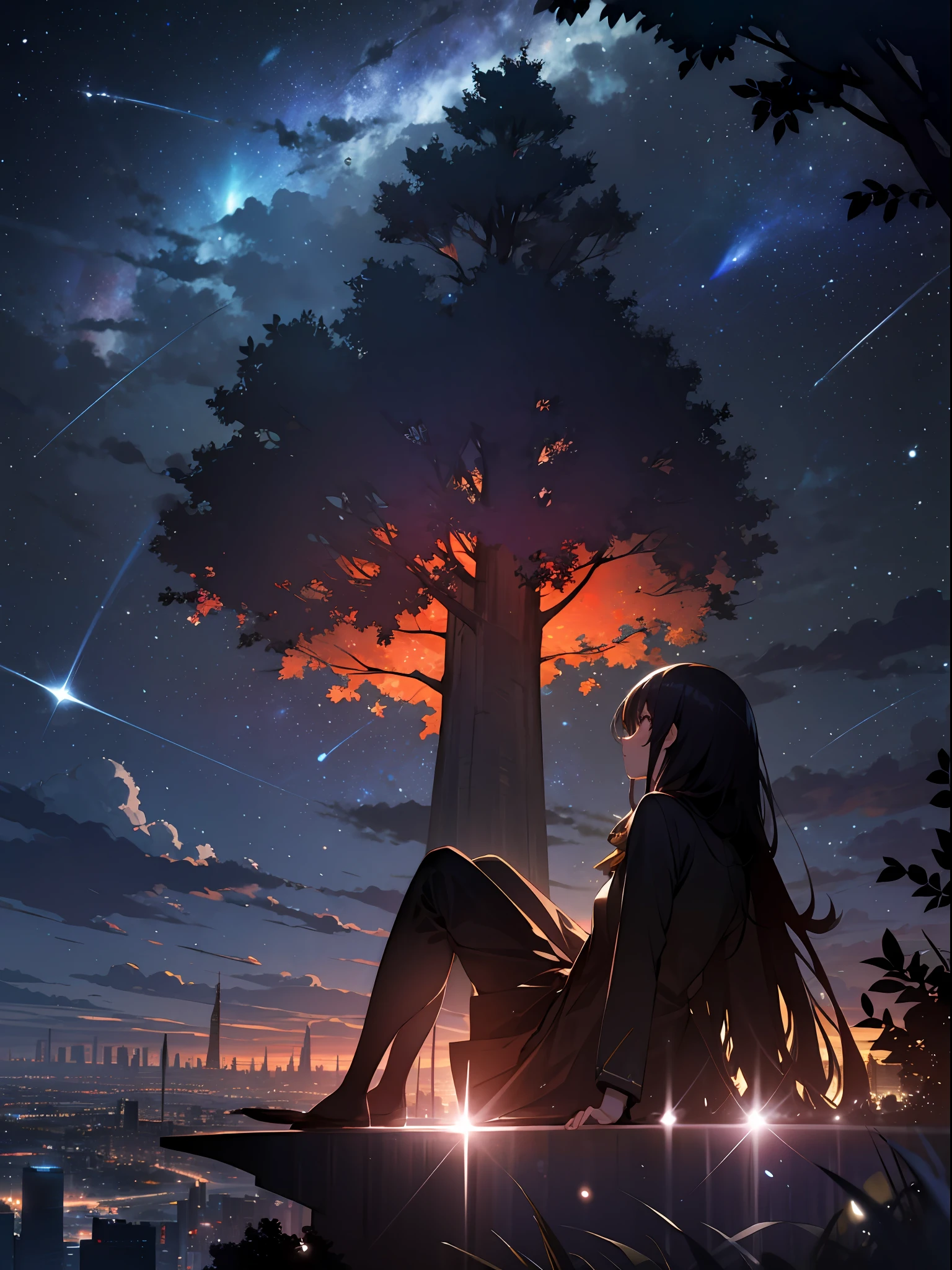 sky, star (sky), scenery, starry sky, night, 1girl, night sky, solo, outdoors, building, cloud, milky way, sitting, tree, long hair, city, silhouette, cityscape