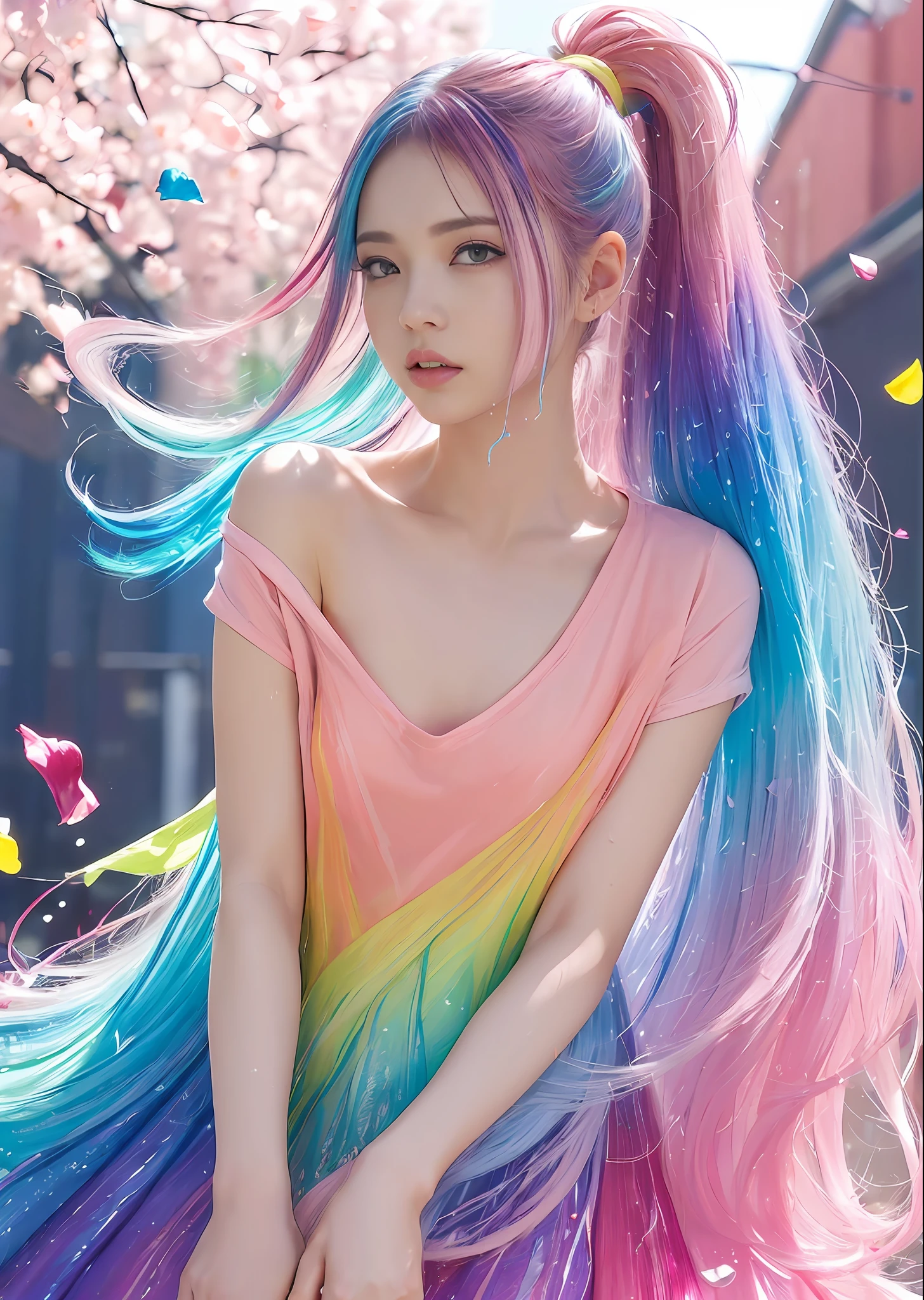 (Pink fashion T-shirt:1.9)、(colourful hair:1.8)、(all the colours of the rainbow:1.8)、((((Vertical Painting:1.6)))、(Painterly:1.6)、frontage、big eye、Sheer eyes、(Iridescent gradient high ponytail:1.7)、Exquisite makeup、Mouth closed、(Small fresh:1.5)、(Wipe Chest:1.6)、long eyeslashes、White off-shoulder T-shirt big watery eyes、(rainbow-colored hair:1.6)、Color explosion, Messy lines, ((Shines)), (colourfull), Chic paint style, (color splashes), Vertical Painting, nsfw、 Paint splashes, Acrylic Pigment, gradients, depth of fields, facepaint, colourful clothes, (elegent: 1.2), Gorgeous,length hair, the wind, (elegent: 1.3), (flower petals:1.4)、(((​masterpiece)))、(((top-quality)))、((ultra-detailliert))、(dynamic ungle)、((Planktonic))、(paint)、((dishevled hair))、(独奏)、((beautifull detailed face))、collars、bare shoulders​、white  hair、((colourful hair))、(((striated hair))、beatiful detailed eyes、(Gradient color eyes)、((cammel toe))、(colorful backdrop))))、((((a high chroma))))、(((Surrounded by colorful splashes)))