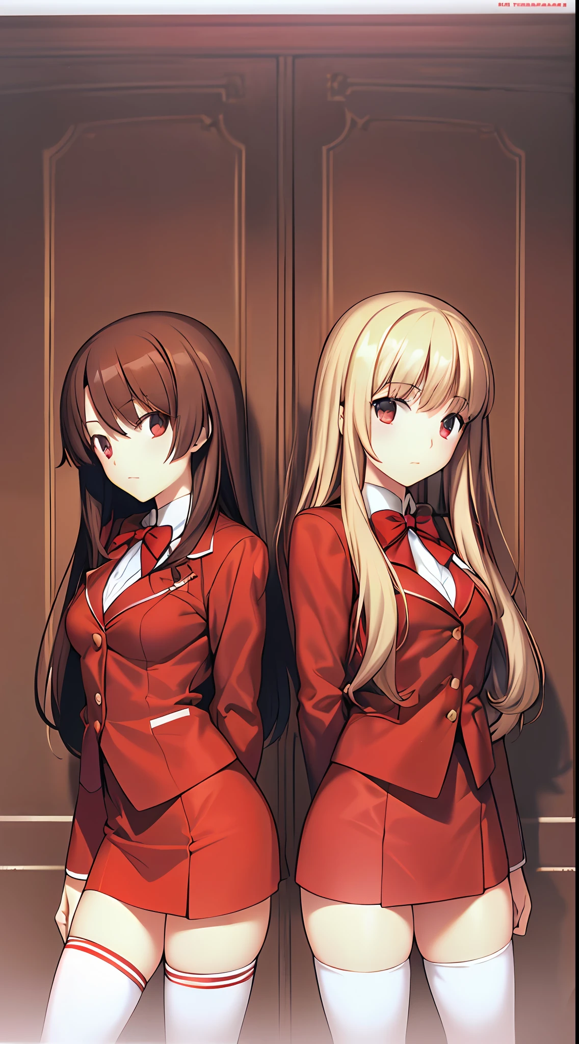 takeuchi takashi, ((Masterpiece, highres)), 2girls, duo, twins, teenagers,  ((one brown haired girl, one blonde girl)), long hair, curly hair, matching hairstyles, different hair color, confident, elegant, rich girls, hazel eyes, happy, arms at sides, straight backs, (((matching outfits, identical outfits, matching uniforms, red blazer, red pencil skirt, white thighhighs, thighhigh socks, blue high heels, same color outfits))), standing at attention, shoulder to shoulder, same pose, mansion