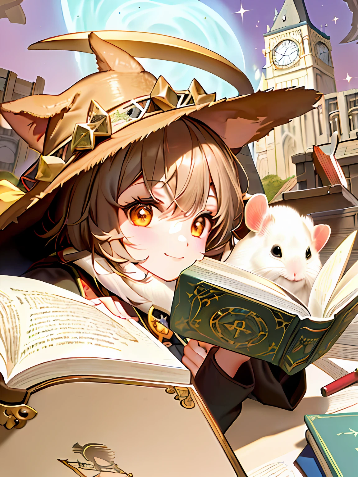 A guinea pig lying on a broomstick, Animal wizards，looking at book，Wizard's Hat, adolable, Cloaked, warm friendly face, Nice face, shaggy，rays of moonlight，the clock tower，tmasterpiece，best qualityer，