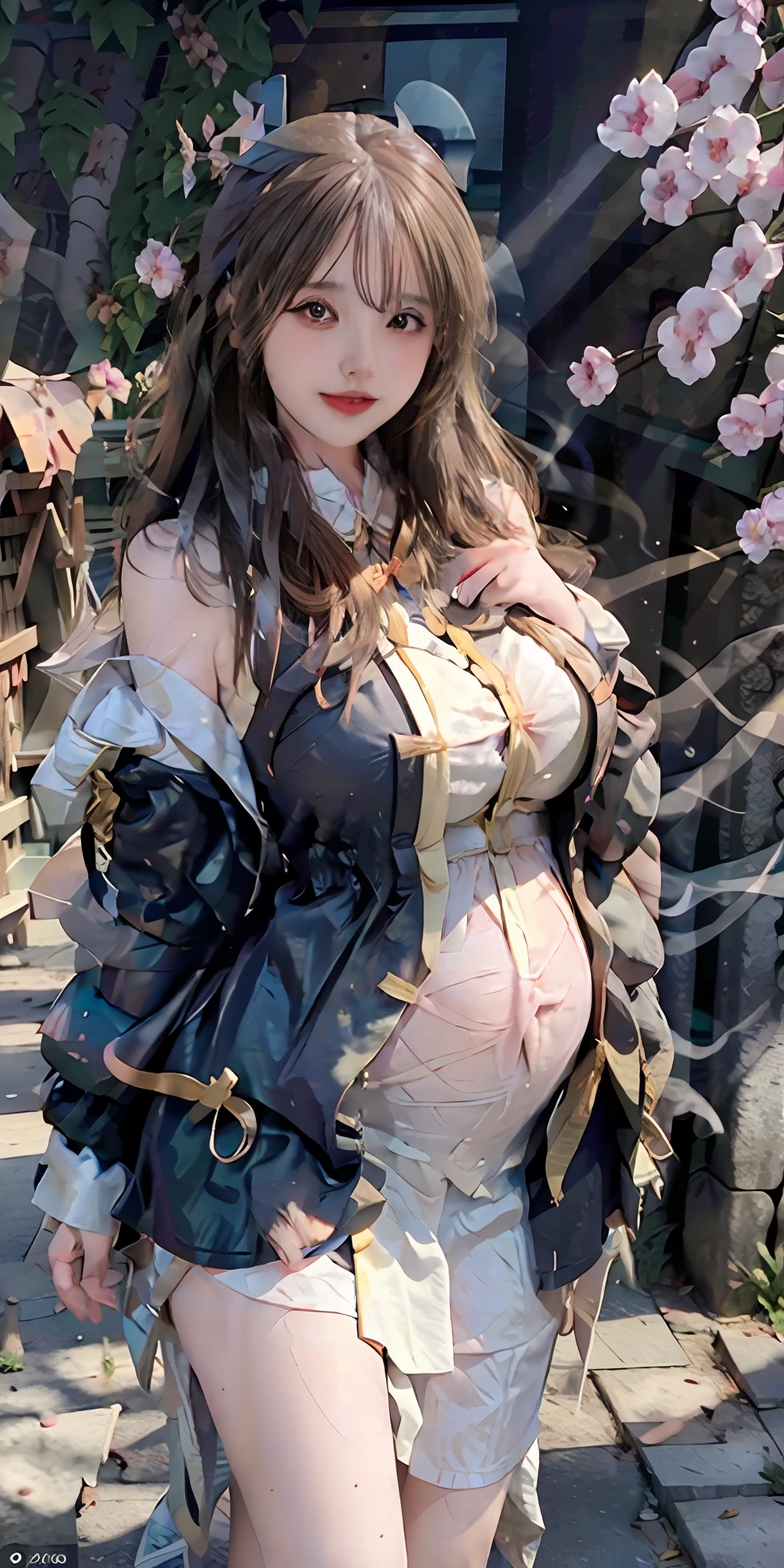 (Masterpiece: 1.6, Best quality), (beautidful eyes: 1.2), (Overhead), High quality, Beautiful face, 1girll, Wide shot, Nurse's uniform, Oversized leather jacket, Open shoulders, Big tits, Long hair, Wide hips, (gardens), street, Background, Detailed background, , Angled Laughter at the Corners of Mouth, Smoking a cigarette, sunglasses，Pregnant belly，Pregnant belly，