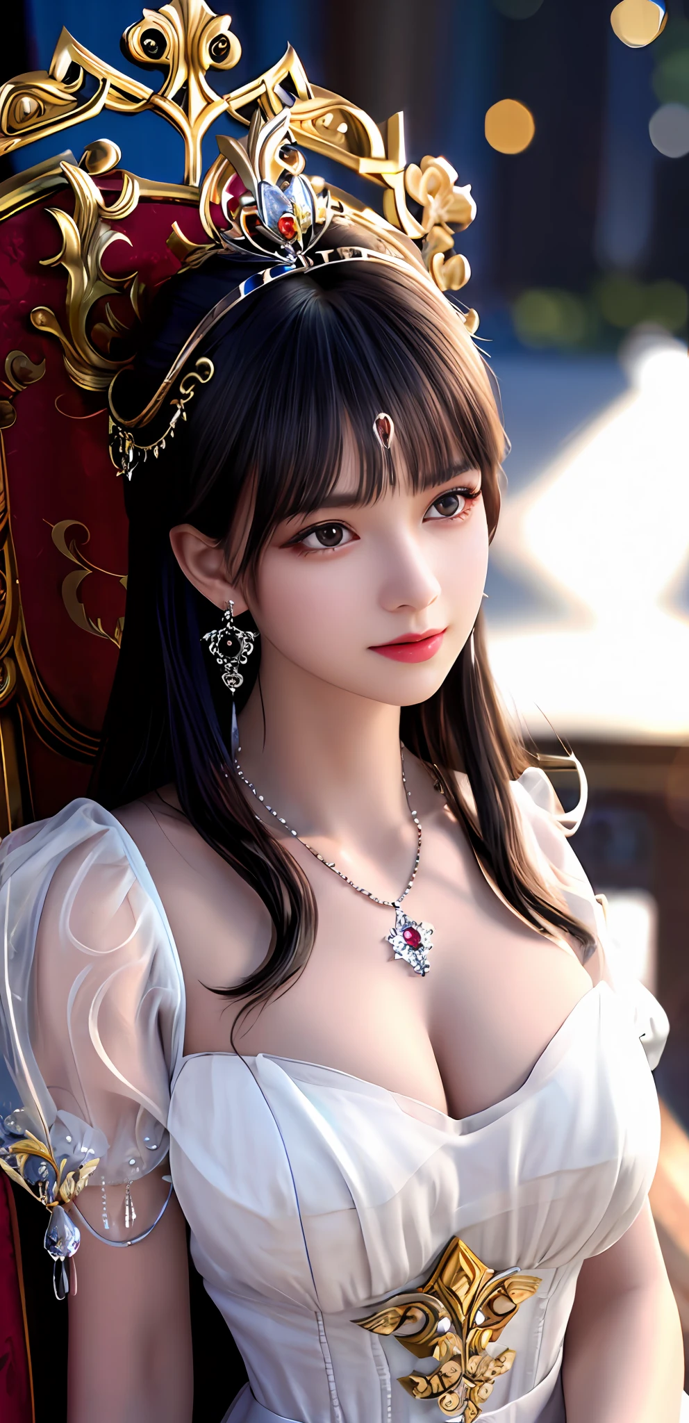 (realisticity: 1.2), best quality, 8K UHD, masterpiece, highres,cg,
1 super detailed girl, super detailed queen
, sitting on a super detailed royal throne, lud, xurious royal palace background, beautiful and detailed, super detailed long hair, wearing a beautiful and luxurious crown with diamonds and super detailed,
super detailed dress, Super detailed dress sleeves, super detailed beautiful earrings, Beautiful and beautiful necklace full of super detailed diamonds,
solo, wearing super detailed jewelry, super detailed red and yellow dress, pretty face, beautiful, and super detailed,
, earrings, super detailed hairdo, splashing, the upper body is very super detailed, super detailed hair bun, super detailed black hair,
lighting,candid,Photograph,high resolution,4k,8k,Bokeh,