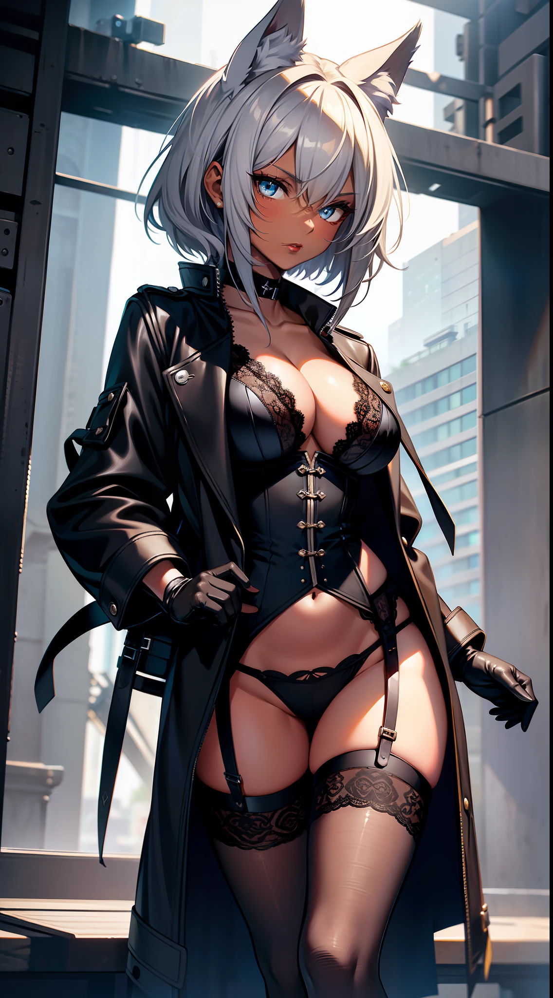 masterpiece,(bestquality),highlydetailed,ultra-detailed, dark, solo, expressionless,dark skin, blue eyes, short hair, silver hair, white hair, busty, shy, modest, inexperienced, cat ears， (black hair), (revealing outfit), (thigh-high stockings), (high heels), (garter belt), (choker), (lace), (fishnet), (whips), (leather gloves), (red lipstick), (seductive gaze)