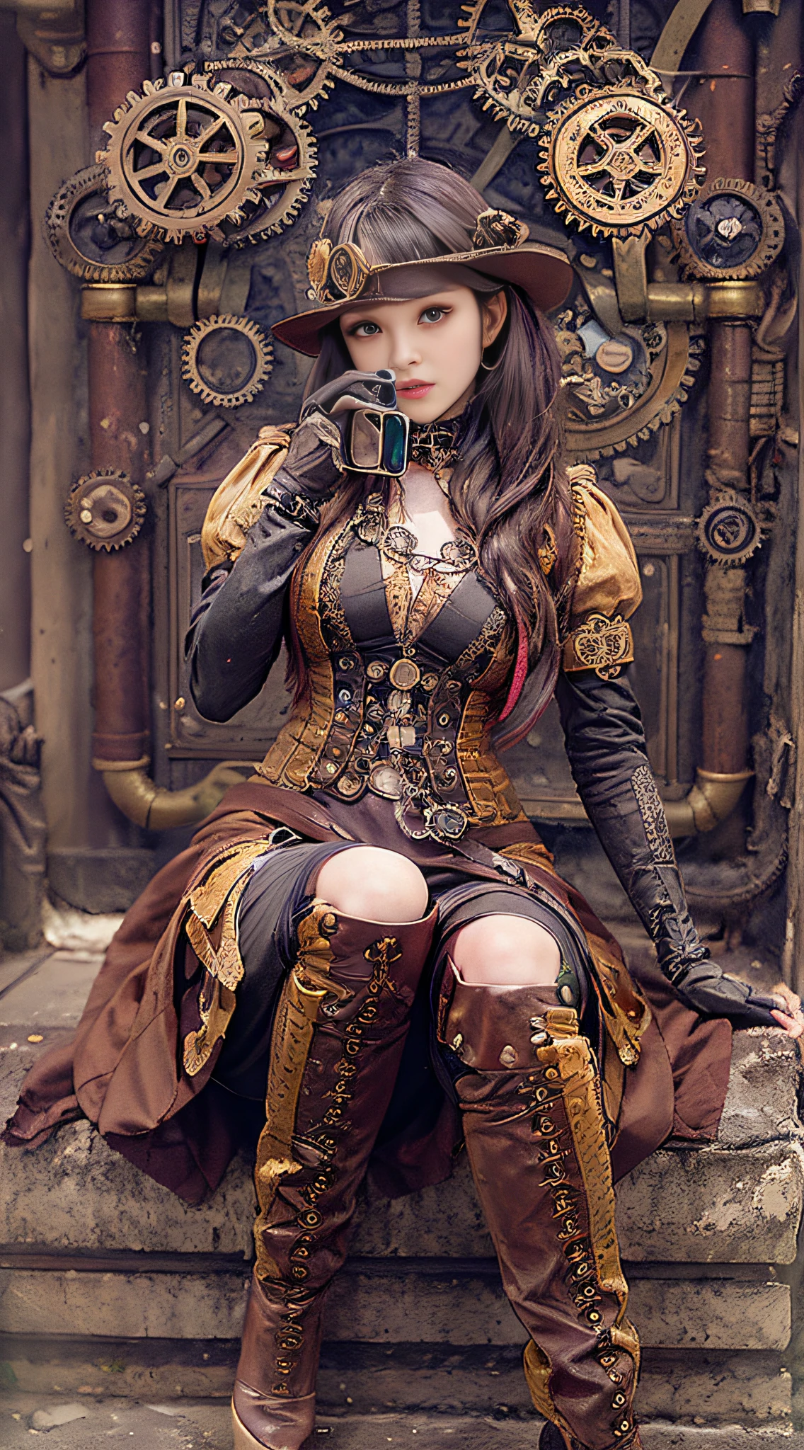 Woman in steampunk costume taking photo, wearing steampunk attire, steampunk fantasy style, (Steampunk), ( Steampunk ), a steampunk beautiful goddess, steampunk beautiful anime woman, Steampunk Girl, Steampunk style, steampunk fantasy, Steampunk, steampunk inventor girl, golden steampunk, steampunc, steampunc, Set in a steampunk world, Vivid steampunk concept