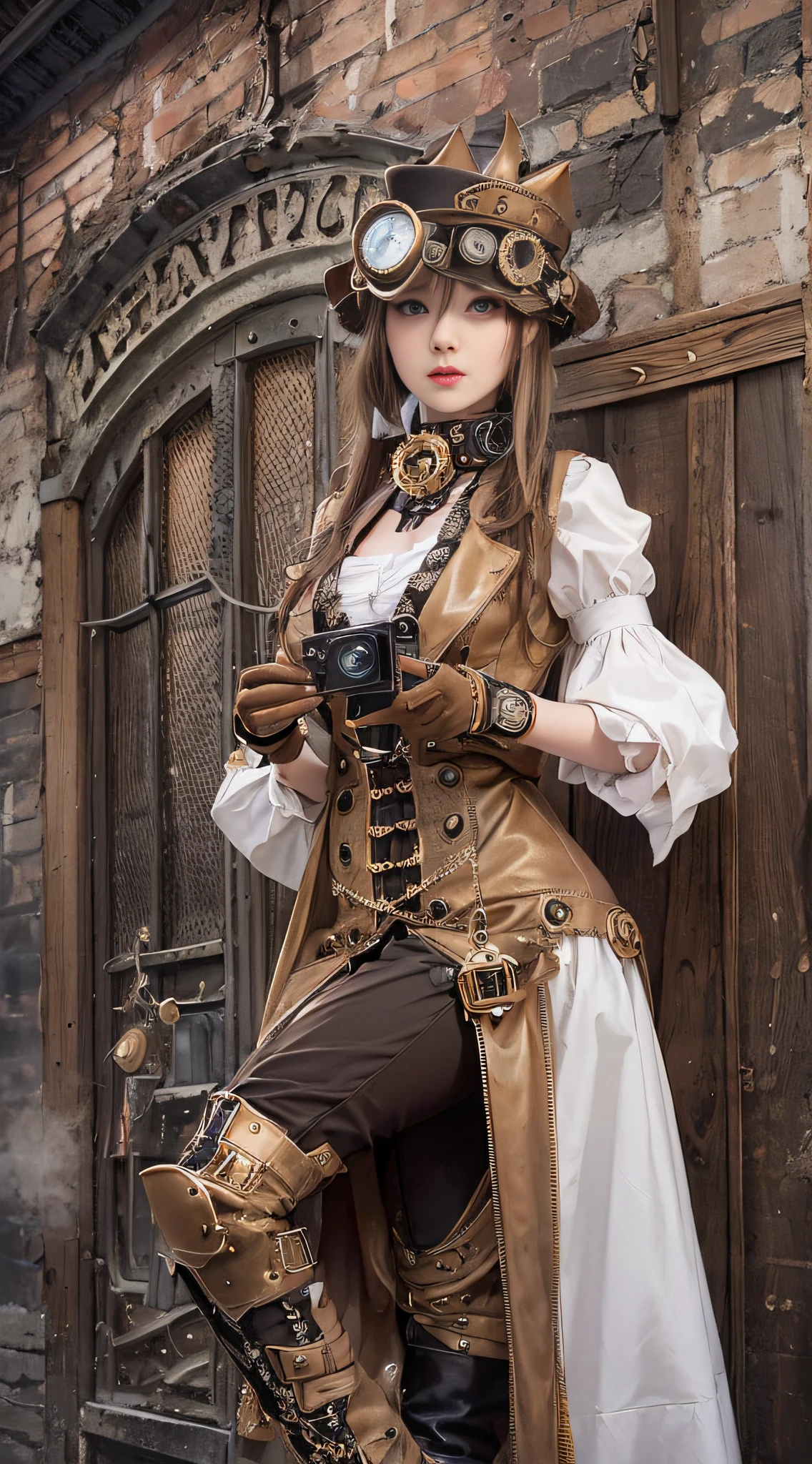Woman in steampunk costume taking photo, wearing steampunk attire, steampunk fantasy style, (Steampunk), ( Steampunk ), a steampunk beautiful goddess, steampunk beautiful anime woman, Steampunk Girl, Steampunk style, steampunk fantasy, Steampunk, steampunk inventor girl, golden steampunk, steampunc, steampunc, Set in a steampunk world, Vivid steampunk concept