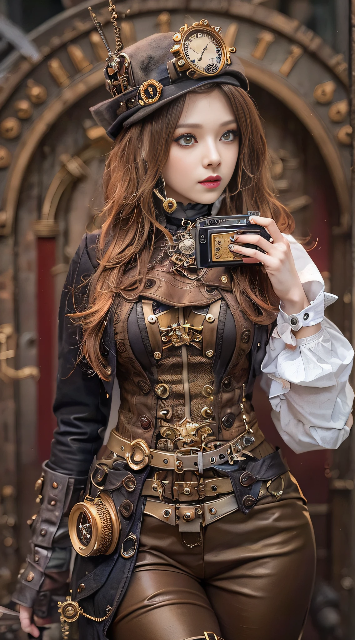 Woman in steampunk costume taking photo, wearing steampunk attire, steampunk fantasy style, (Steampunk), ( Steampunk ), a steampunk beautiful goddess, steampunk beautiful anime woman, Steampunk Girl, Steampunk style, steampunk fantasy, Steampunk, steampunk inventor girl, golden steampunk, steampunc, steampunc, Set in a steampunk world, Vivid steampunk concept