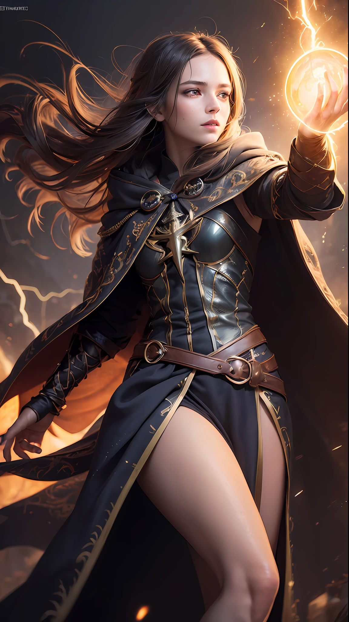 (skindentation:1.5), Realistic, Photorealistic, (masterpiece:1.5), concept art, intricate details, highly detailed, photorealistic, octane render, 8k, unreal engine, dynamic pose, best quality, highres, (realistic face:1.1), (hyperrealistic:1.1), ((full_body)), perfect eyes,(shiny skin:1.2), (((hairstyle))), (((perfect hands))), (extremely detailed background), ((dynamic background)), ((lightning)), (light rays), ((1girl)), wearing cloak, (((flowing cloak))), ((detailed eyes, high quality eyes, high quality face)), (extremely intricate robes, magical robes), short hair, casting lightning, electricity, swirling fire, radiating power, sparks, smoke, magic, ((dramatic)), epic, battlefield, depth of field, bokeh, 4k, gothic, ember, particles