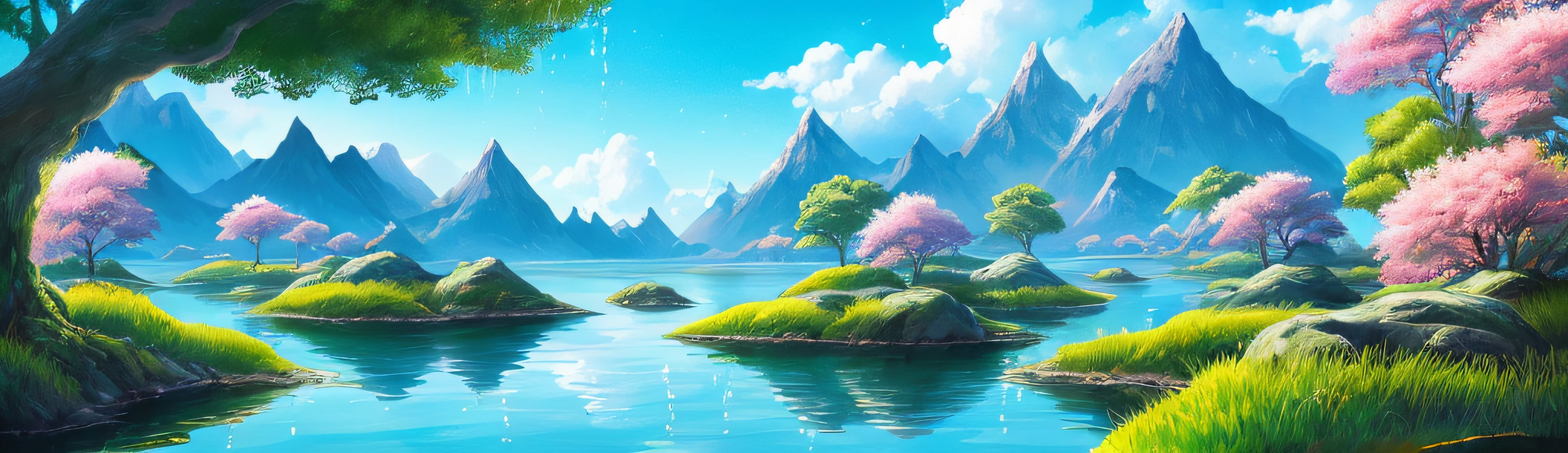 (Best quality),(masterpiece),(ultra detailed),(high detailed),(extremely detailed),Subject: Beautiful Anime Natural Sceneries Medium: Digital illustration or traditional painting. Resolution: 4000x3000 pixels. Color Palette: Vibrant and lush colors inspired by nature. Mood: Serene, tranquil, and awe-inspiring. Composition: Balanced compositions with a focus on natural elements. Lighting: Soft, natural lighting with variations in brightness. Style: Anime-inspired with a touch of realism and fantasy. Details: Include elements such as majestic mountains, serene lakes, blooming fields, and lush forests. Inspiration: Anime landscapes, Studio Ghibli films, real-world natural environments. Camera Setup: None (since it's a digital illustration). Additional Notes: Pay attention to the beauty and intricacy of natural landscapes. Create depth and dimension by incorporating layers of foreground, middle ground, and background elements. Use a variety of brush strokes and textures to capture the textures of trees, rocks, water, and other natural elements. Experiment with lighting and shadows to add depth and realism to the scene. Include small details like birds, butterflies, or wildlife to bring the scene to life. Consider adding elements of fantasy or magic, such as floating islands, mythical creatures, or glowing flora. Use a mix of vibrant and harmonious colors to convey the beauty and vibrancy of nature. Emphasize the serenity and tranquility of the scene by incorporating elements like flowing water, gentle breezes, or a soft sunset. Let your creativity and imagination guide you in creating breathtaking anime natural sceneries that transport viewers to a world of beauty and wonder.