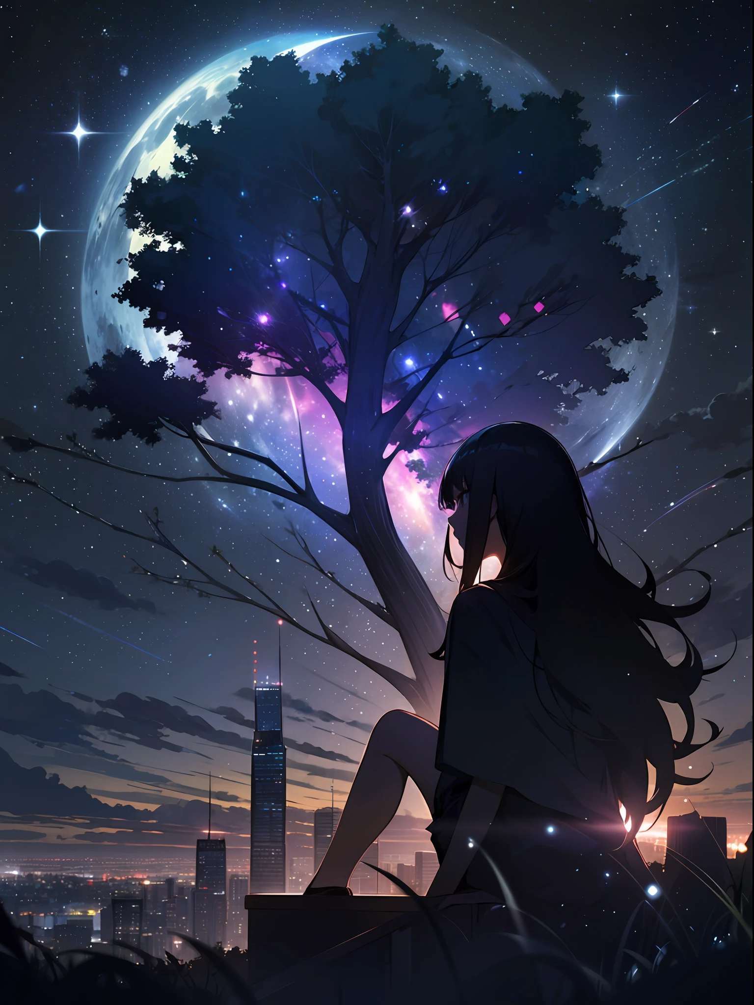 sky, star (sky), scenery, starry sky, night, 1girl, night sky, solo, outdoors, building, cloud, milky way, sitting, tree, long hair, city, silhouette, cityscape