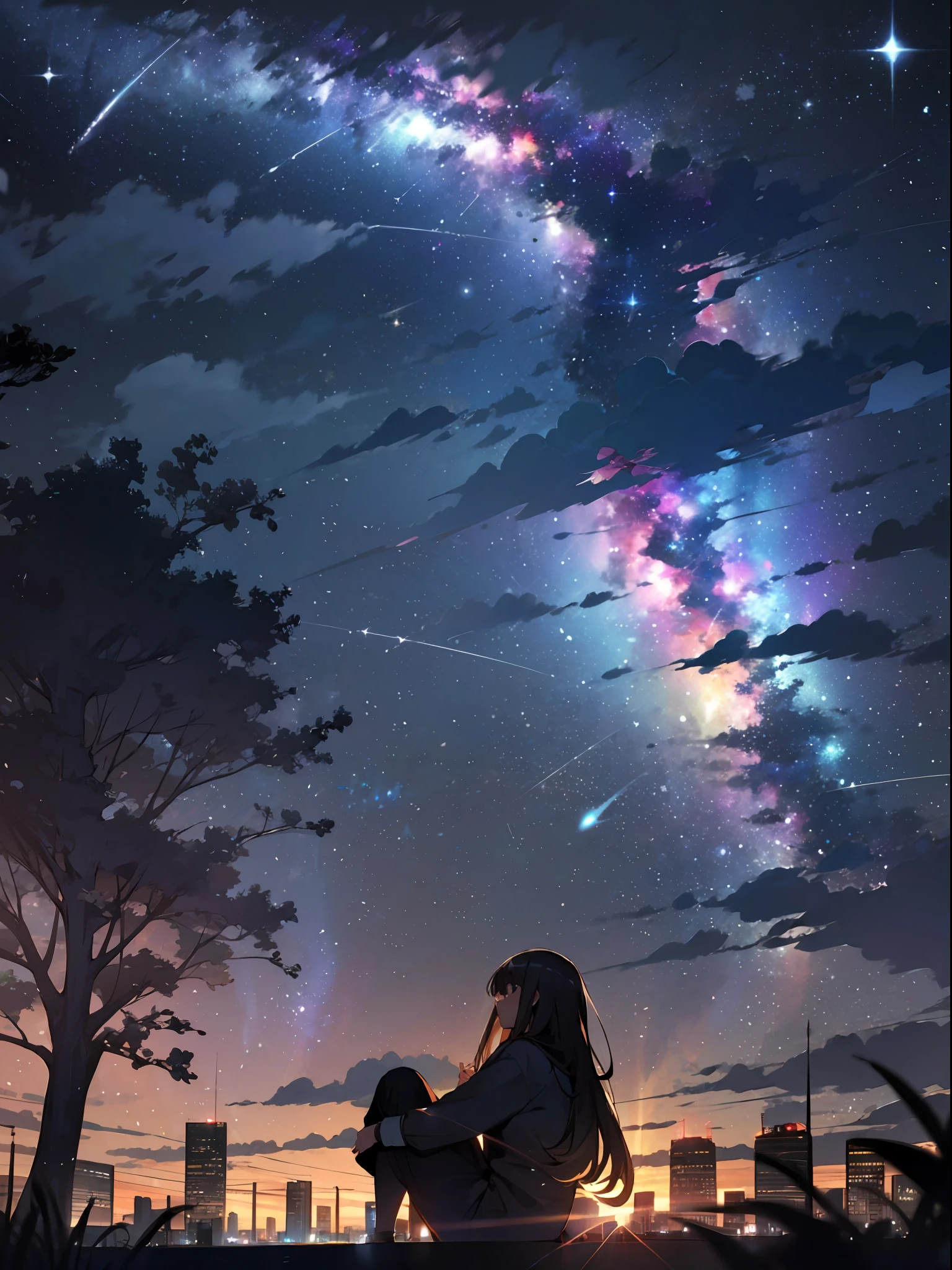 sky, star (sky), scenery, starry sky, night, 1girl, night sky, solo, outdoors, building, cloud, milky way, sitting, tree, long hair, city, silhouette, cityscape