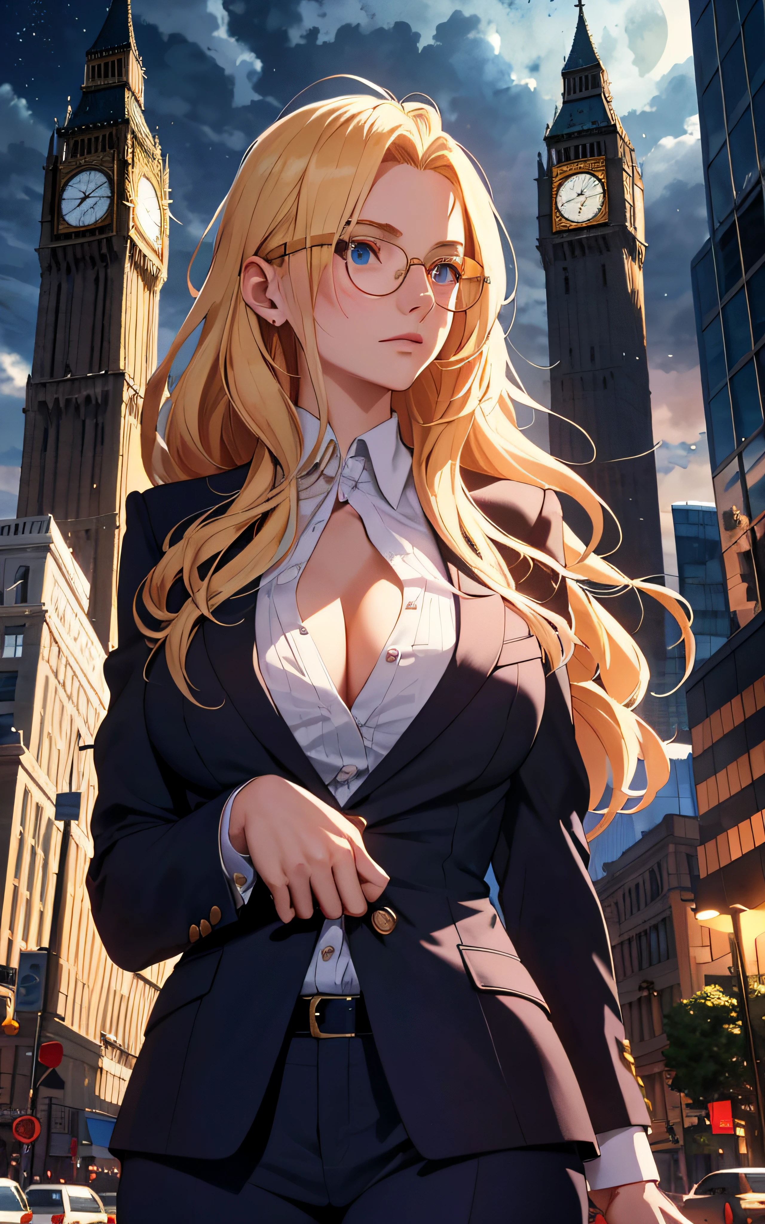 masterpiece, best detail ,(distinct_image), extreme cg,
delicate beautiful woman, (large breast, blond hair, glasses, dressing suit ),looking looking up from intersection,
building, decollate skyscraper, tower, clock tower, stacking, skyline,
from behind, from below, upper body,
cloudy night sky, moonlight, cold lighting