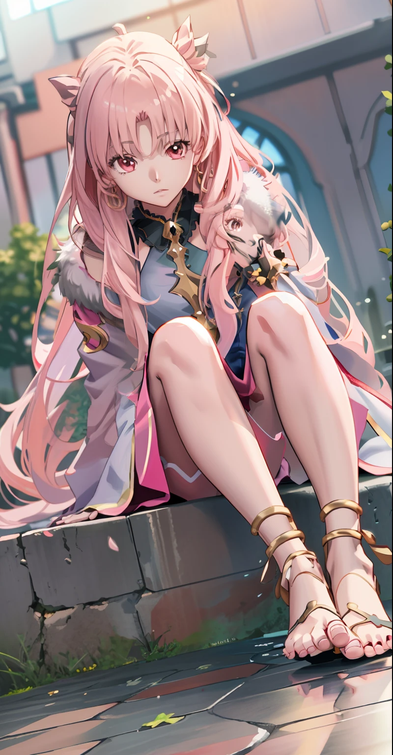 Alakfi sat on the ground in a costume, Long flowing pink hair，Smooth anime CG art, Streamlined pink gel coat, photorealistic anime girl rendering, Anime figure; Full-body art, Best anime 4k konachan wallpaper, Digital anime art, Detailed digital anime art，Beautiful feet，