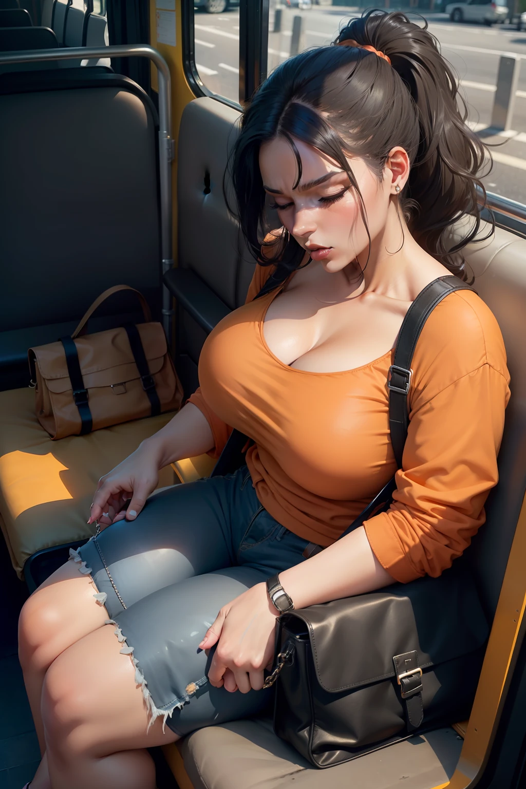 1 beautiful woman, large body, made-up face, ponytail, orange blouse; long black jean; cream sandals, neckline, FINGERS CROSSED, shot from above, upper angle perspective, black bag, big nails, eyelids made up, eyelids outlined, asleep lying on a bus, head resting on the seat, eyes closed, MOUTH WIDE OPEN.