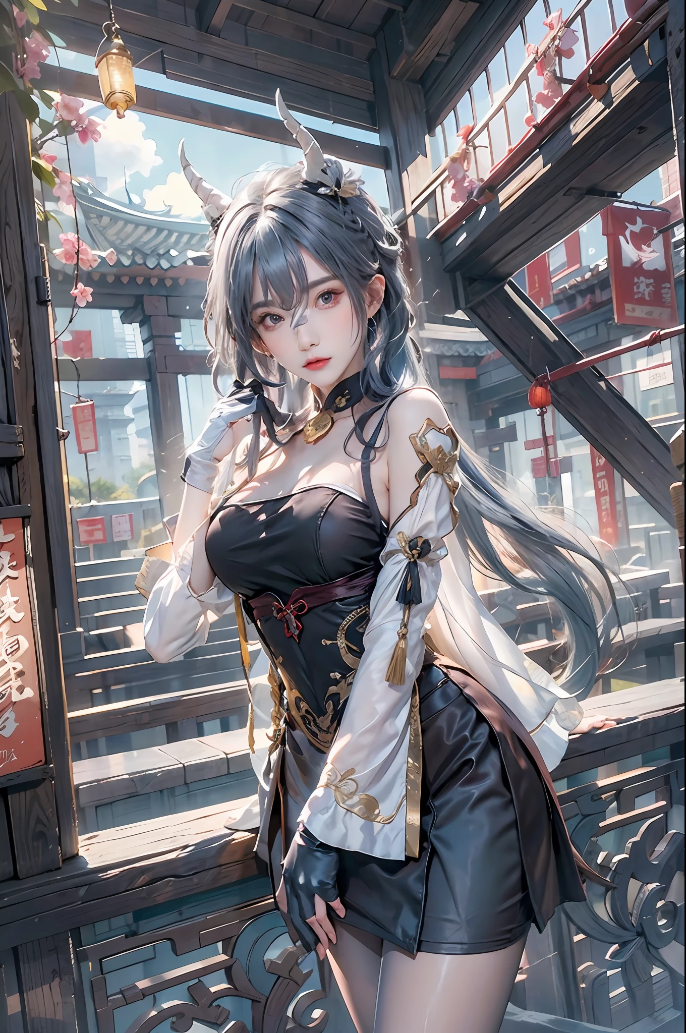 photorealistic, high resolution, 1women, solo, hips up, look at viewer, (detailed face), ahoge, architecture, bangs, schoolgirl uniform, bare shoulders, bell, black gloves, black pantyhose, (blue hair), blush, breasts, chinese knot, detached sleeves, east asian architecture, flower knot, gloves, horns, long hair, looking at viewer, small breasts, neck bell, night, outdoors, pantyhose, purple eyes, sidelocks, solo, tassel, white sleeves, intricate, high detail, sharp focus, dramatic, jewelry