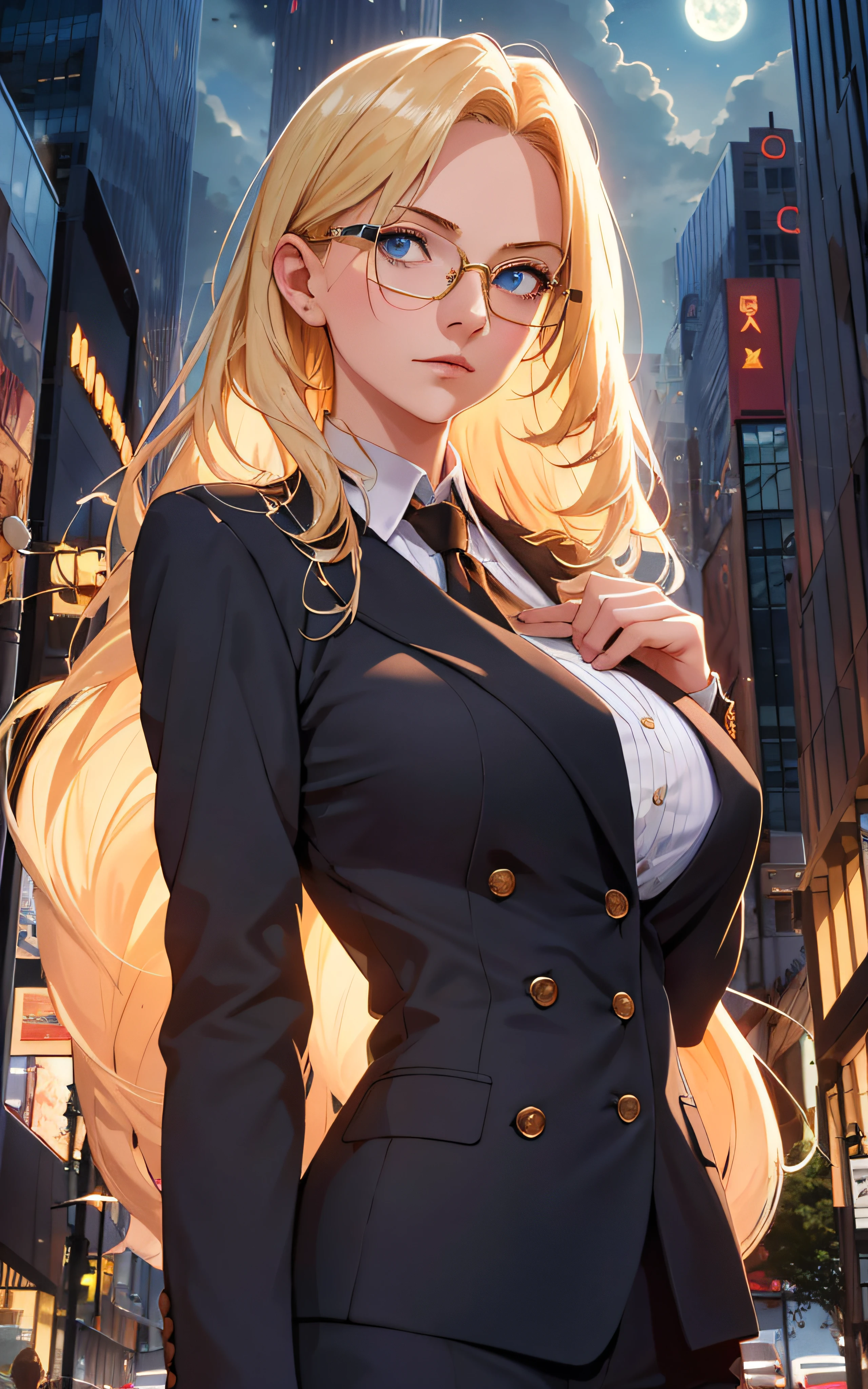 masterpiece, best detail ,(distinct_image), extreme  cg,
delicate beautiful woman, (large breast, blond hair,  glasses, dressing suit  ),looking looking up from intersection,
building, decollate skyscraper,  tower,  clock tower,  stacking,  skyline, 
from behind, from below,  upper body, 
cloudy night sky, moonlight,  cold lighting