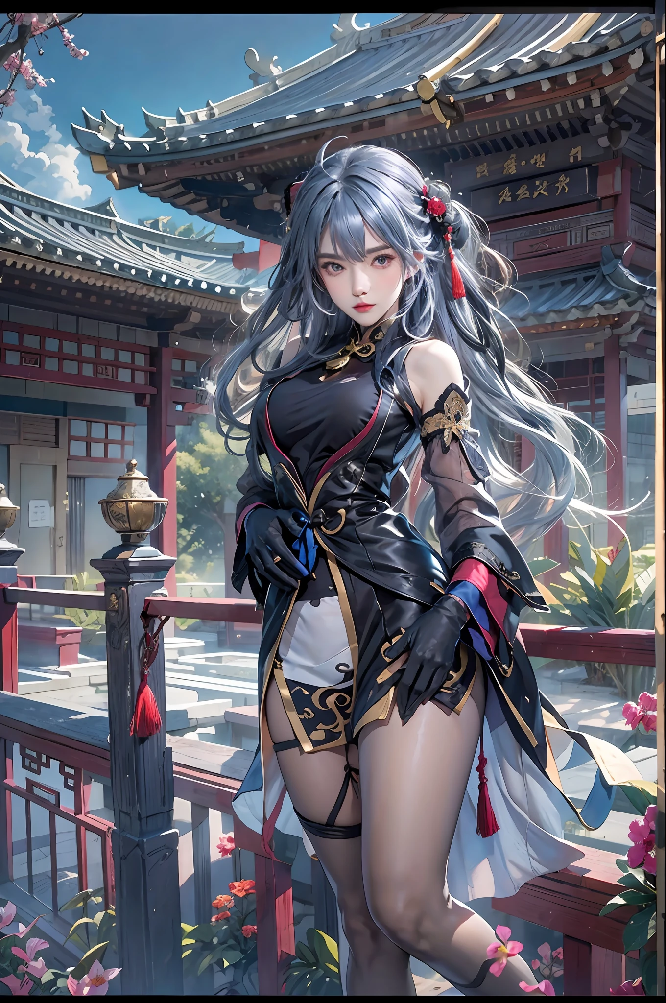 photorealistic, high resolution, 1women, solo, hips up, look at viewer, (detailed face), ahoge, architecture, bangs, schoolgirl uniform, bare shoulders, bell, black gloves, black pantyhose, (blue hair), blush, breasts, chinese knot, detached sleeves, east asian architecture, flower knot, gloves, horns, long hair, looking at viewer, small breasts, neck bell, night, outdoors, pantyhose, purple eyes, sidelocks, solo, tassel, white sleeves, intricate, high detail, sharp focus, dramatic, jewelry