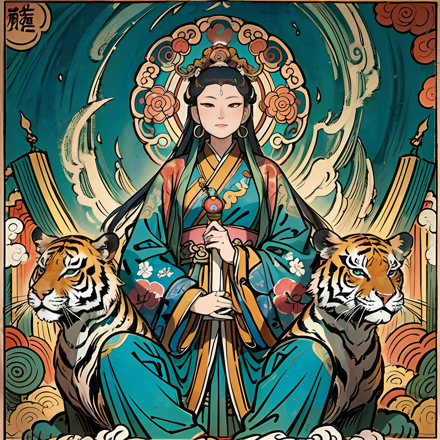 an ancient Chinese goddess, guanyin of the southern seas, Guanyin, Inspired by India, Avalokiteshvara rides a tiger,,Serene expression,shui mo hua,Buddha,Buddhist,Lotus,Chinese painting style,Thangka style