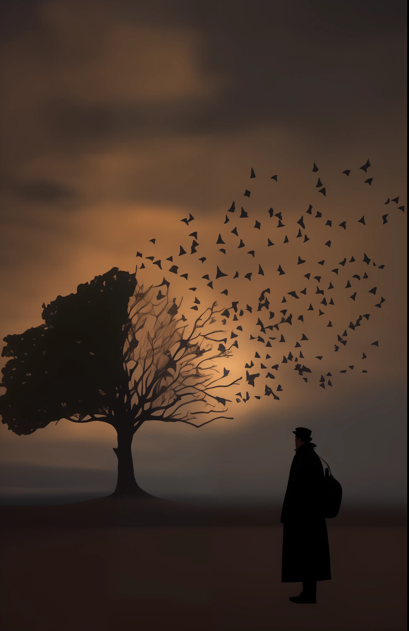 A man stands under a tree,The silhouette in a long trench coat leans against the tree,Looking Up The Sky,Literary atmosphere,