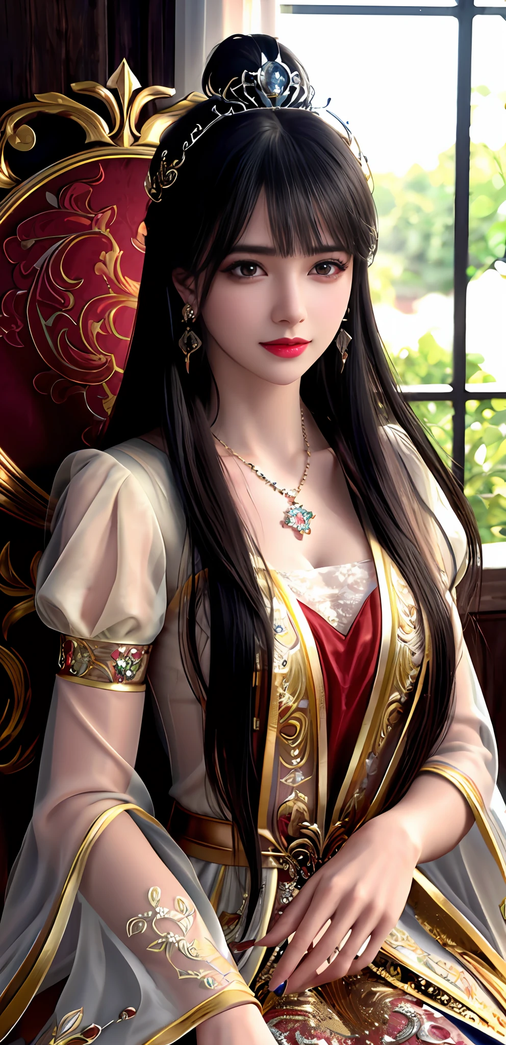 (realisticity: 1.2), best quality, 8K UHD, masterpiece, highres,cg,
1 super detailed girl, super detailed queen

, sitting on a super detailed royal throne, lud, xurious royal palace background, beautiful and detailed, super detailed long hair, wearing a beautiful and luxurious crown with diamonds and super detailed,

super detailed dress, Super detailed dress sleeves, super detailed beautiful earrings, Beautiful and beautiful necklace full of super detailed diamonds,  
 solo, jewelry, super detailed red and yellow dress, pretty face, beautiful, and super detailed, 

, earrings, super detailed hairdo, splashing, the upper body is very super detailed, super detailed hair bun, super detailed black hair,
lighting,candid,Photograph,high resolution,4k,8k,Bokeh,