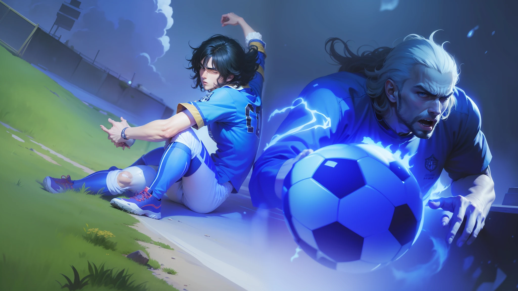 de frente,Anime - imagem de estilo de um homem em um uniforme azul com uma bola de futebol, No estilo de Kyrill Kotashev, Fanart oficial Behance HD, uniforme azul, Kentaro Miura estilo de arte, Retrato de Lionel Messi, fanart requintada altamente detalhada, kentaro miura manga art style, Kentaro Miura Arte, retrato detalhado do corpo inteiro