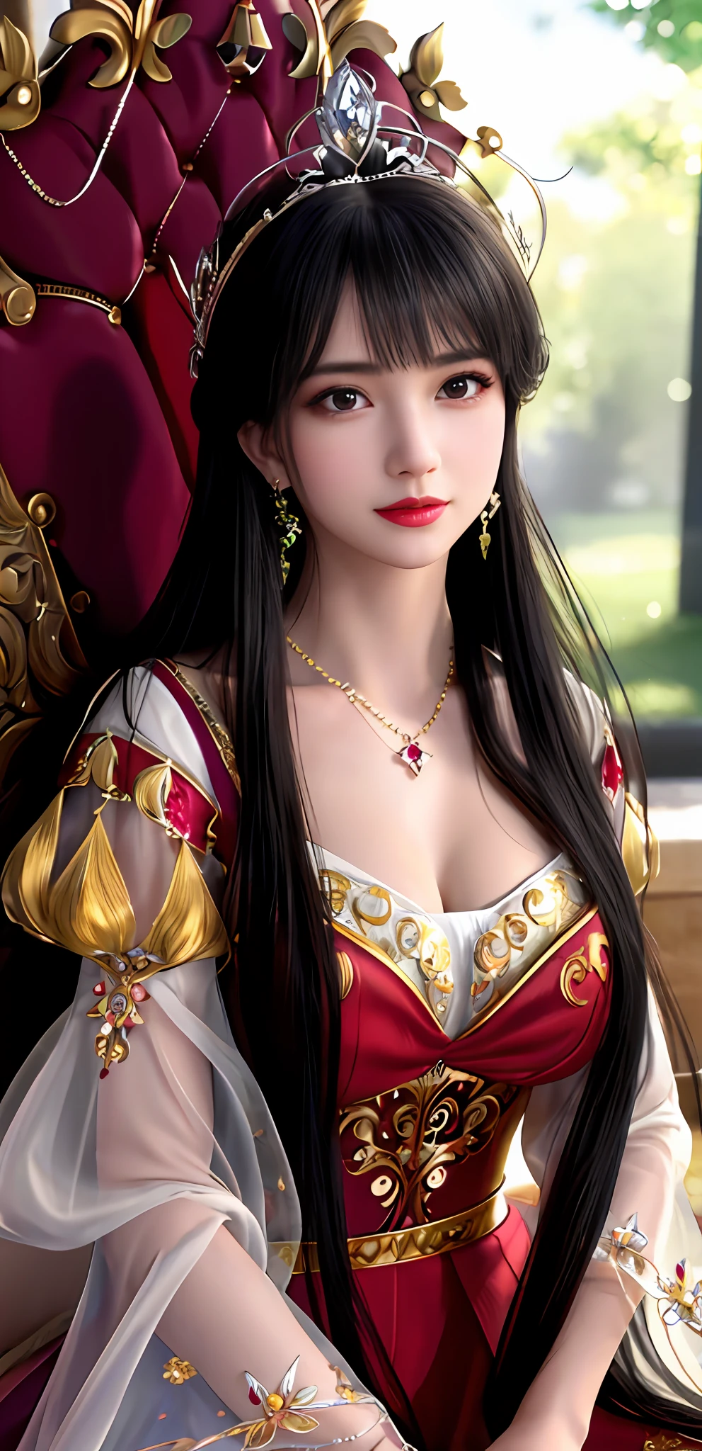 (realisticity: 1.2), best quality, 8K UHD, masterpiece, highres,cg,
1 super detailed girl, super detailed queen
, sitting on a super detailed royal throne, lud, xurious royal palace background, beautiful and detailed, super detailed long hair, wearing a beautiful and luxurious crown with diamonds and super detailed,
super detailed dress, Super detailed dress sleeves, super detailed beautiful earrings, Beautiful and beautiful necklace full of super detailed diamonds,
solo, jewelry, super detailed red and yellow dress, pretty face, beautiful, and super detailed,
, earrings, super detailed hairdo, splashing, the upper body is very super detailed, super detailed hair bun, super detailed black hair,
lighting,candid,Photograph,high resolution,4k,8k,Bokeh,