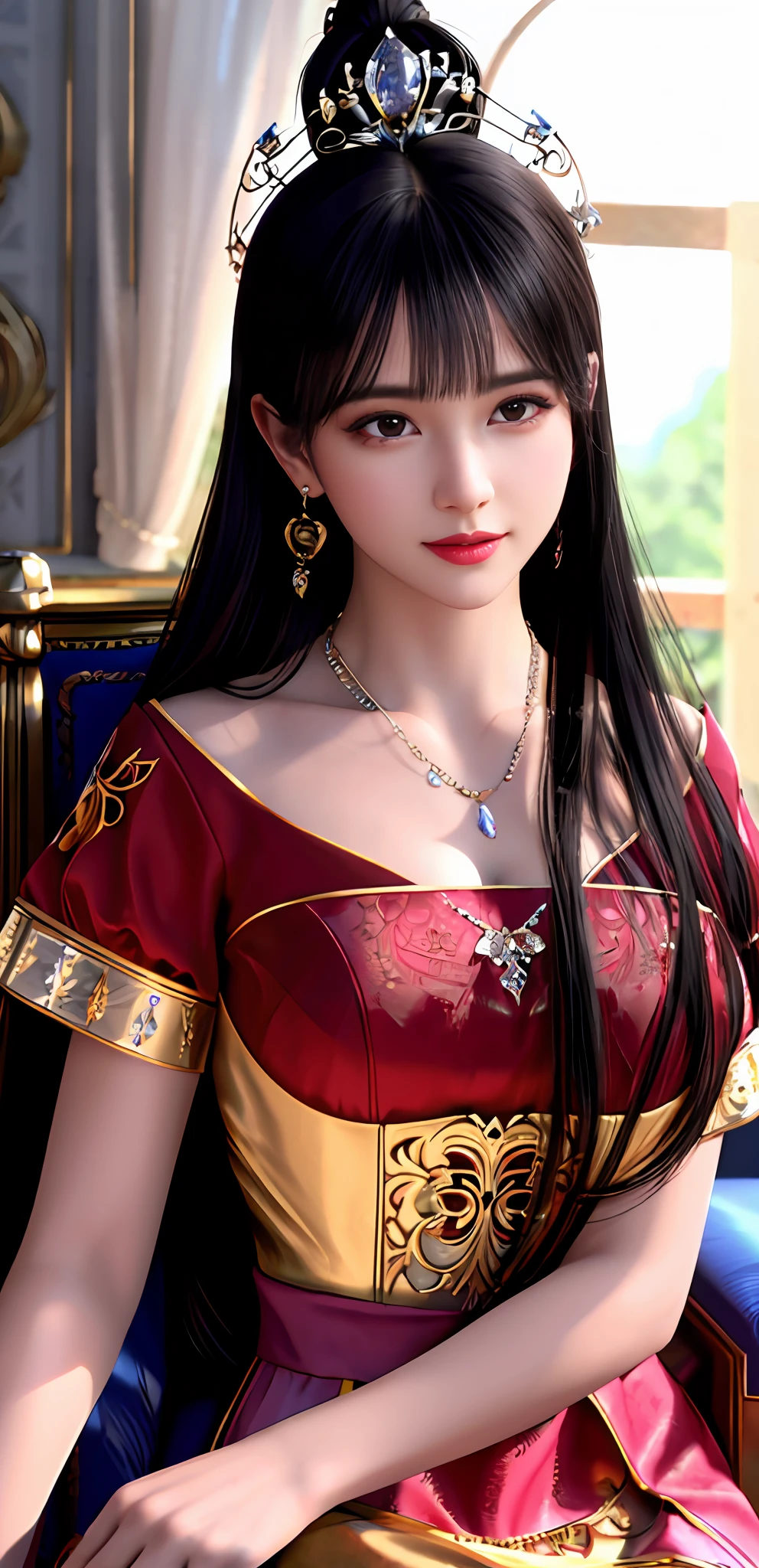 (realisticity: 1.2), best quality, 8K UHD, masterpiece, highres,cg,
1 super detailed girl, super detailed queen
, sitting on a super detailed royal throne, lud, xurious royal palace background, beautiful and detailed, super detailed long hair, wearing a beautiful and luxurious crown with diamonds and super detailed,
super detailed dress, Super detailed dress sleeves, super detailed beautiful earrings, Beautiful and beautiful necklace full of super detailed diamonds,
solo, jewelry, super detailed red and yellow dress, pretty face, beautiful, and super detailed,
, earrings, super detailed hairdo, splashing, the upper body is very super detailed, super detailed hair bun, super detailed black hair,
lighting,candid,Photograph,high resolution,4k,8k,Bokeh,