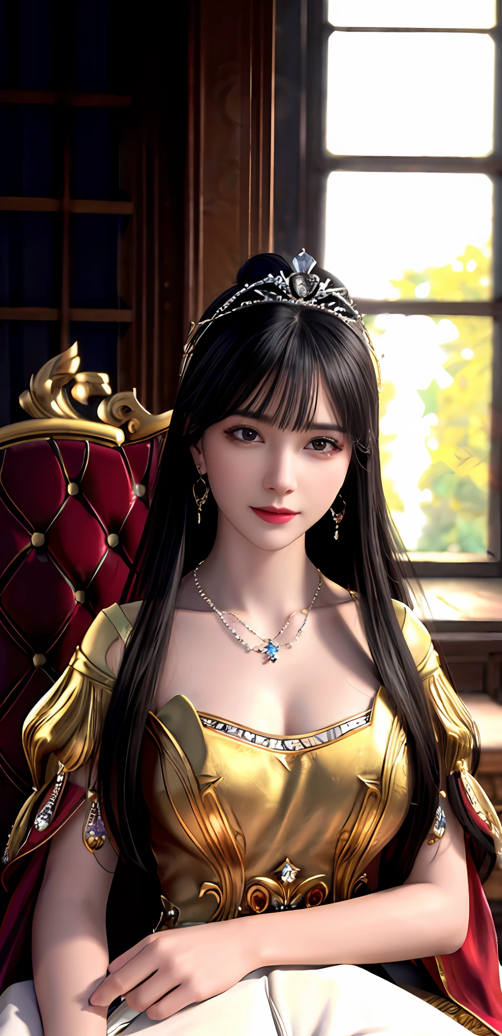 (realisticity: 1.2), best quality, 8K UHD, masterpiece, highres,cg,
1 super detailed girl, super detailed queen
, sitting on a super detailed royal throne, lud, xurious royal palace background, beautiful and detailed, super detailed long hair, wearing a beautiful and luxurious crown with diamonds and super detailed,
super detailed dress, Super detailed dress sleeves, super detailed beautiful earrings, Beautiful and beautiful necklace full of super detailed diamonds,
solo, jewelry, super detailed red and yellow dress, pretty face, beautiful, and super detailed,
, earrings, super detailed hairdo, splashing, the upper body is very super detailed, super detailed hair bun, super detailed black hair,
lighting,candid,Photograph,high resolution,4k,8k,Bokeh,