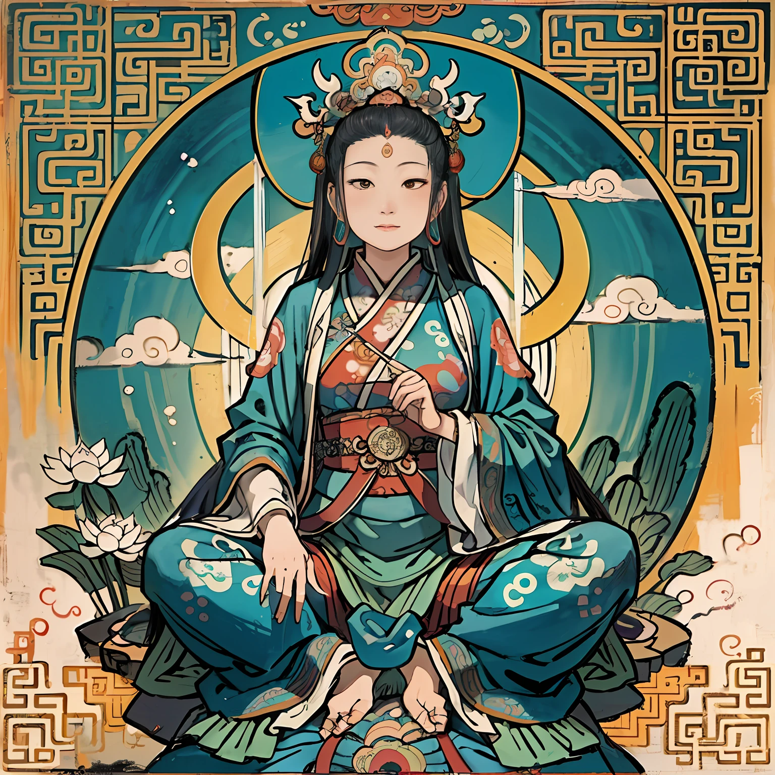 an ancient Chinese goddess, guanyin of the southern seas, Guanyin, Inspired by India, Avalokiteshvara，,Serene expression,shui mo hua,Buddha,Buddhist,Lotus,Chinese painting style,Thangka style