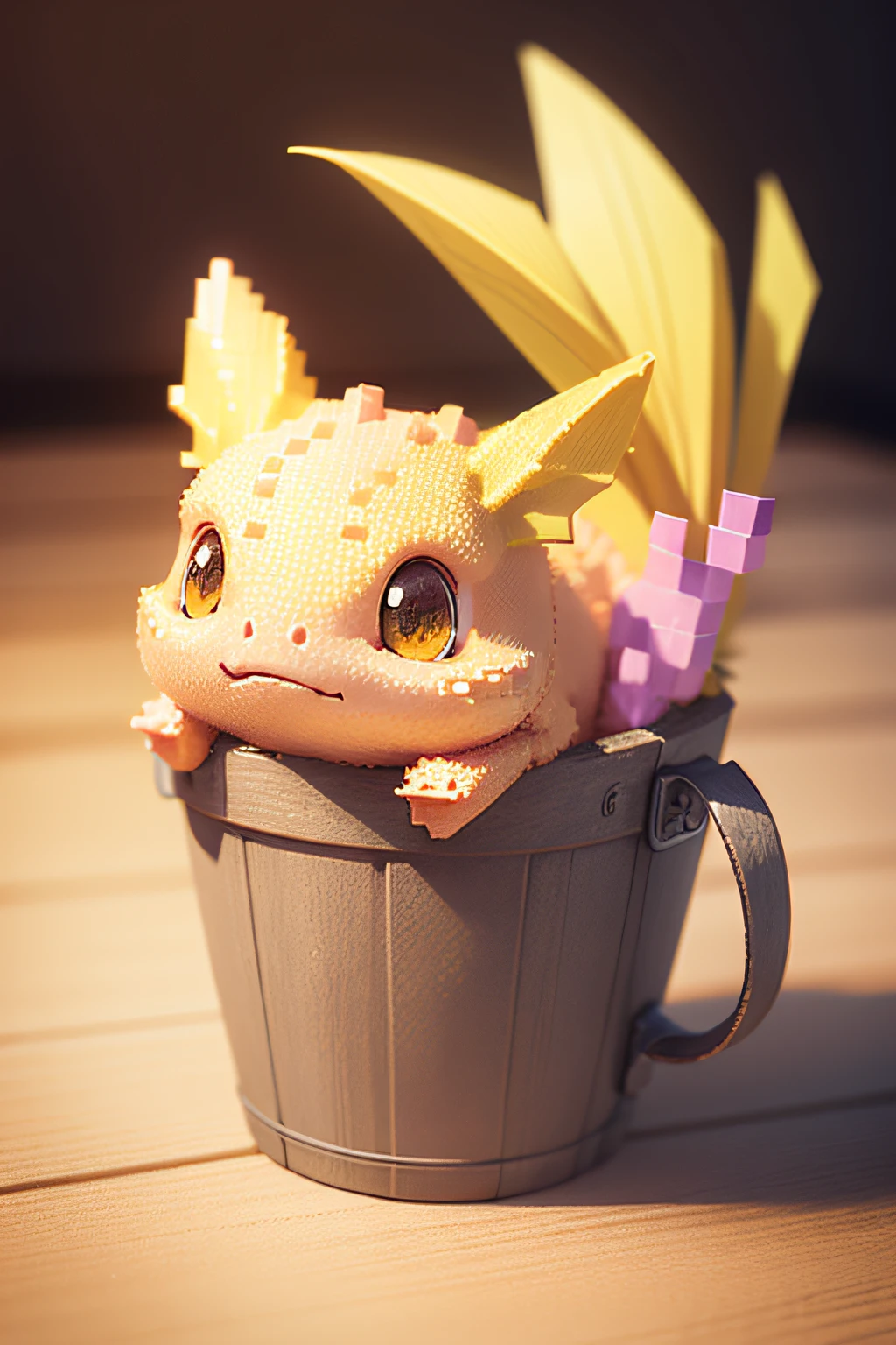draw a pixelated Minecraft-style icon of a yellow Female axolotl in a pink bucket
