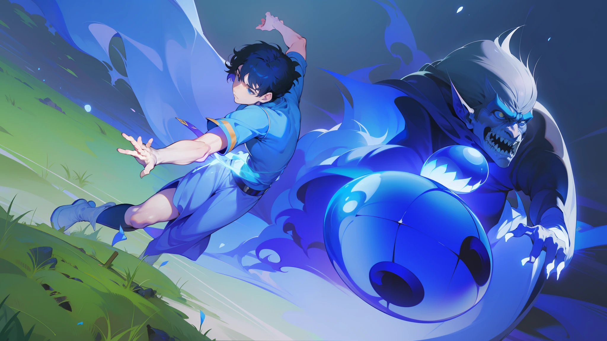 de frente,Anime - imagem de estilo de um homem em um uniforme azul com uma bola de futebol, No estilo de Kyrill Kotashev, Fanart oficial Behance HD, uniforme azul, Kentaro Miura estilo de arte, Retrato de Lionel Messi, fanart requintada altamente detalhada, kentaro miura manga art style, Kentaro Miura Arte, retrato detalhado do corpo inteiro