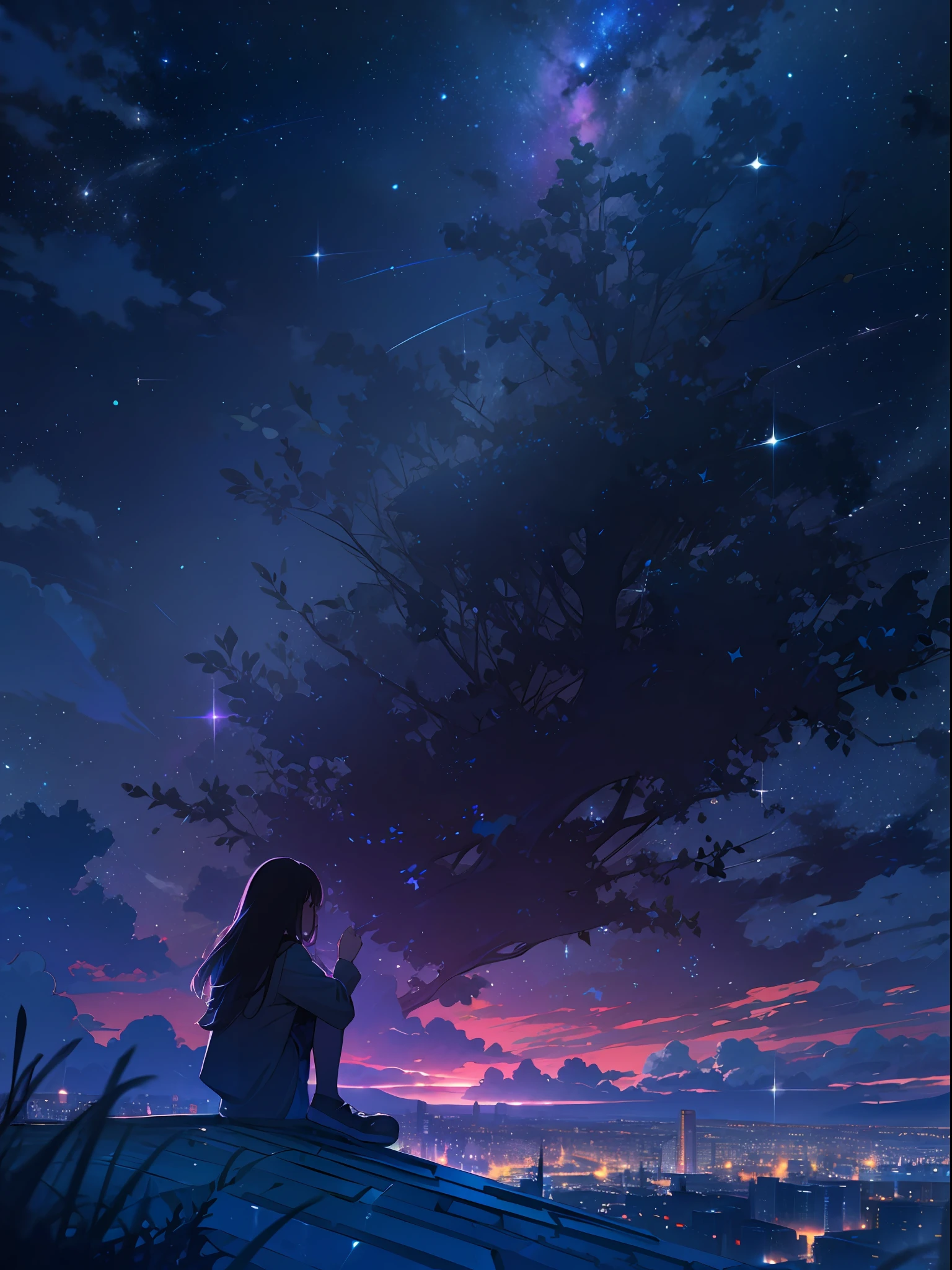 sky, star (sky), scenery, starry sky, night, 1girl, night sky, solo, outdoors, building, cloud, milky way, sitting, tree, long hair, city, silhouette, cityscape