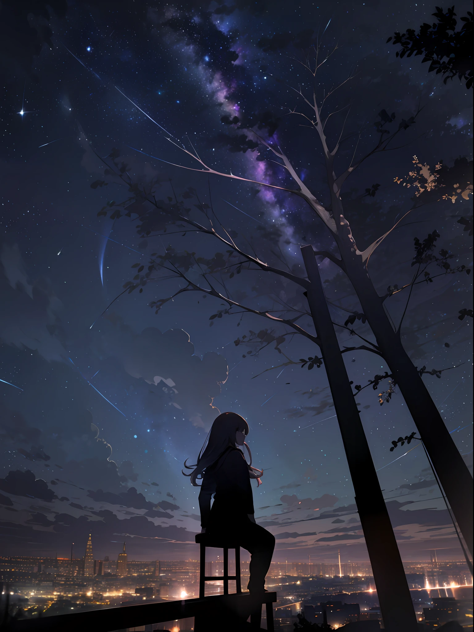 sky, star (sky), scenery, starry sky, night, 1girl, night sky, solo, outdoors, building, cloud, milky way, sitting, tree, long hair, city, silhouette, cityscape