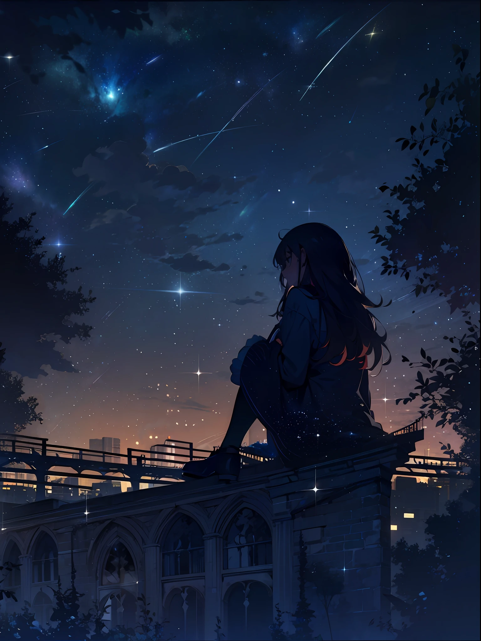 sky, star (sky), scenery, starry sky, night, 1girl, night sky, solo, outdoors, building, cloud, milky way, sitting, tree, long hair, city, silhouette, cityscape